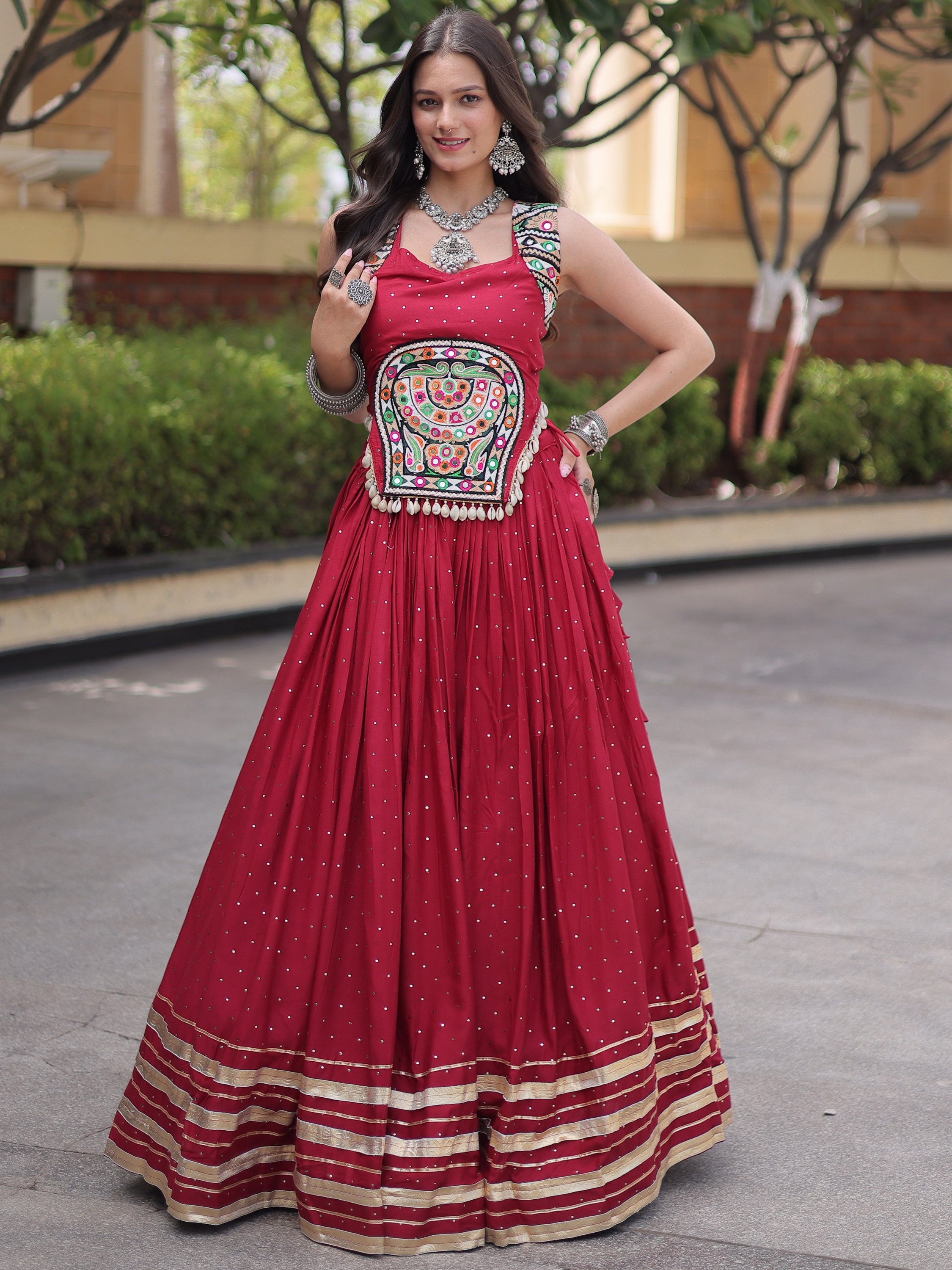 Phenomenal Maroon Laced Navratri Special Lehenga Choli