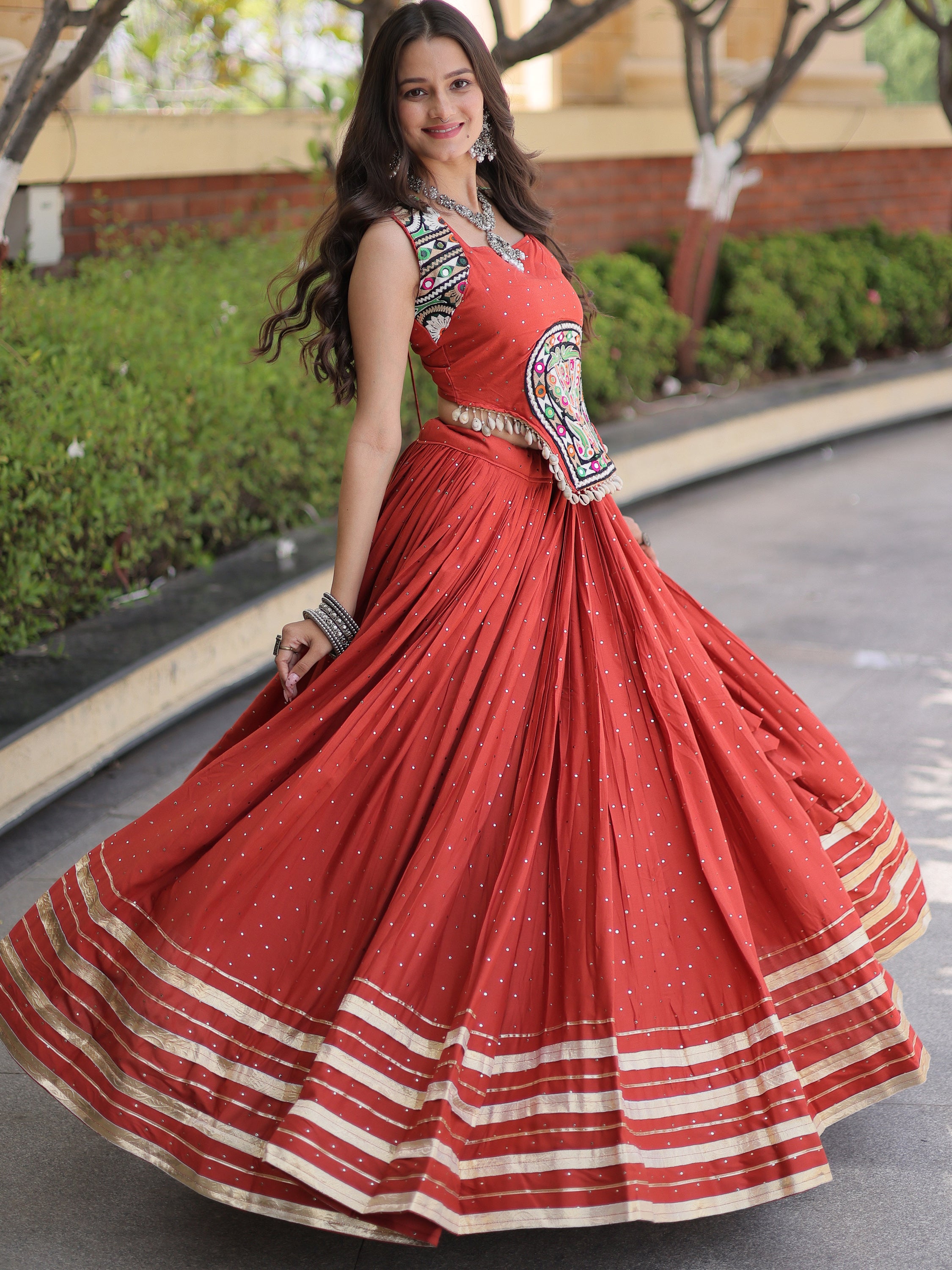 Stunning Rust Orange Laced Navratri Special Lehenga With Choli