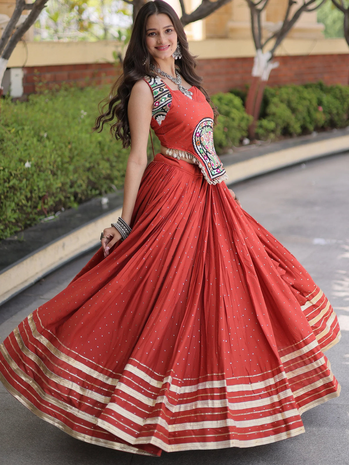 Stunning Rust Orange Laced Navratri Special Lehenga With Choli