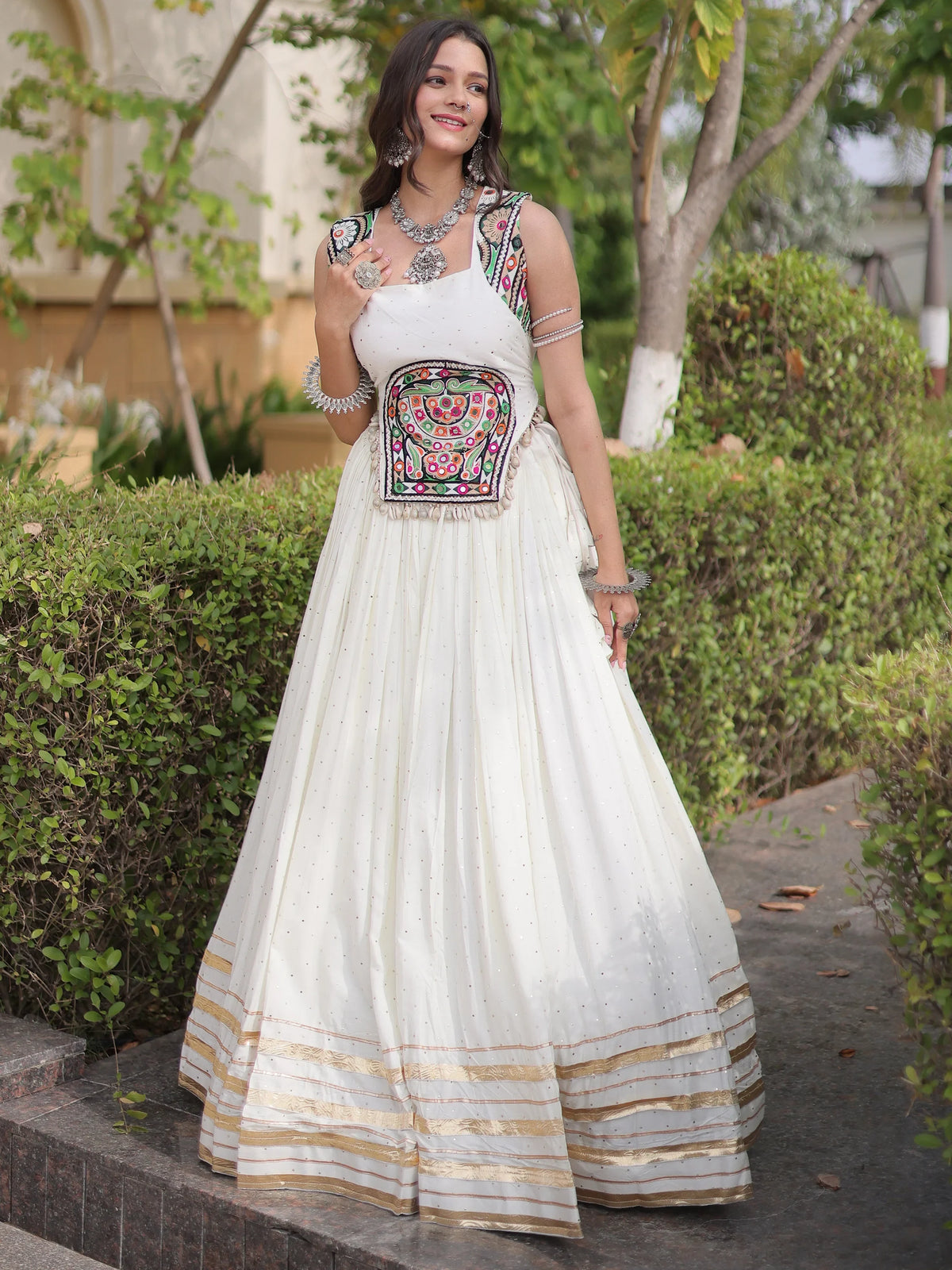 Attractive White Navratri Special Lehenga With Gamthi Work Choli