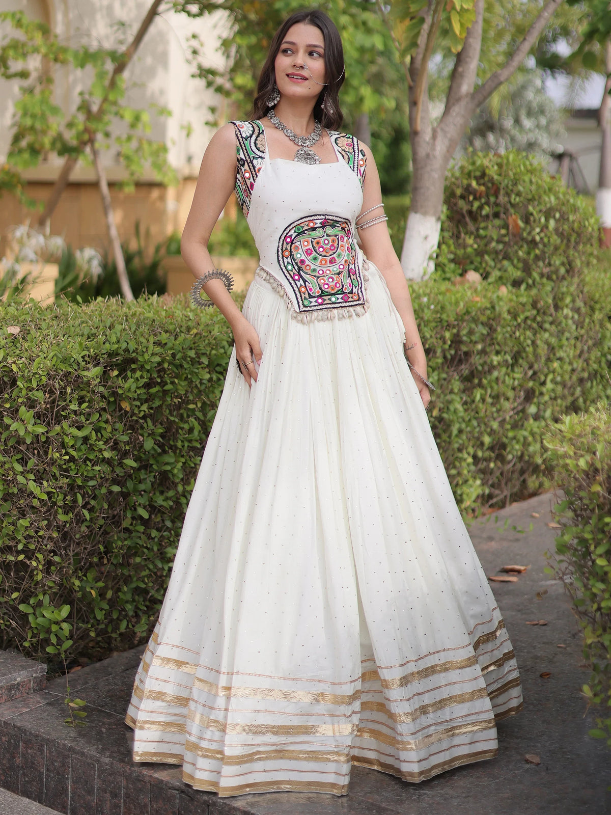 Attractive White Navratri Special Lehenga With Gamthi Work Choli