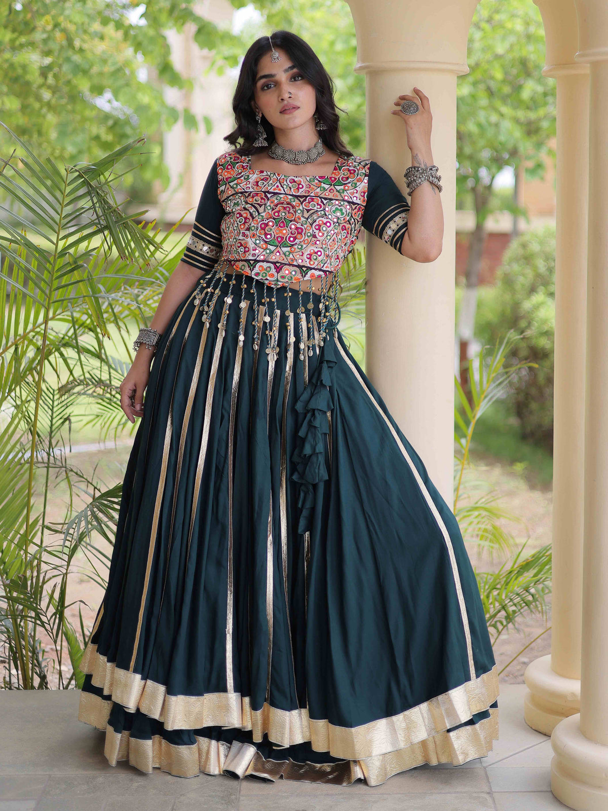 Fascinating Teal Green Gamthi Work Rayon Navratri Wear Lehenga Choli