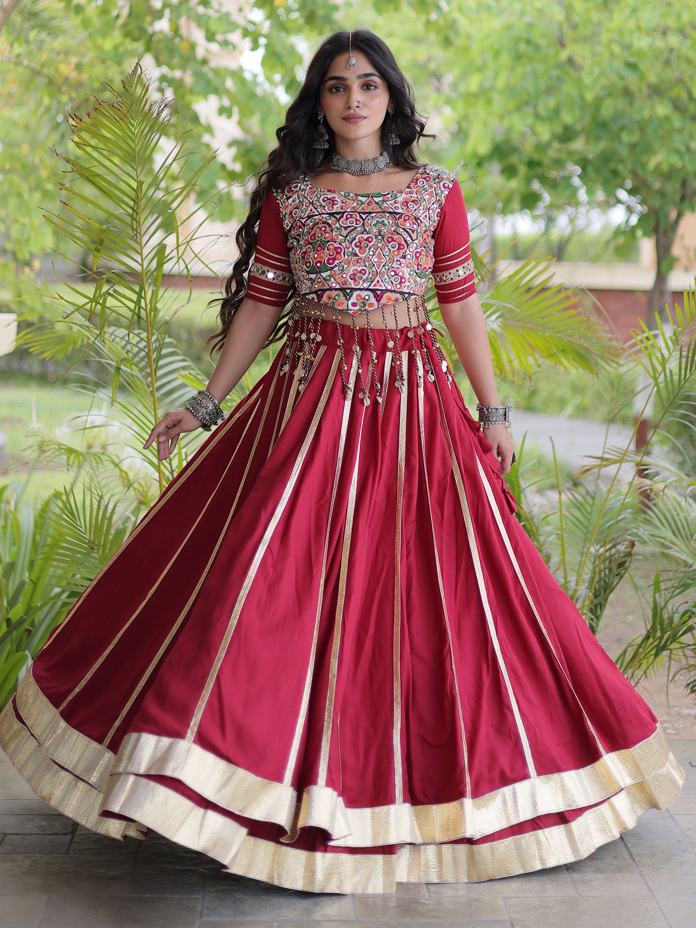 Glowing Maroon Gamthi Embroidered Rayon Navratri Wear Lehenga Choli
