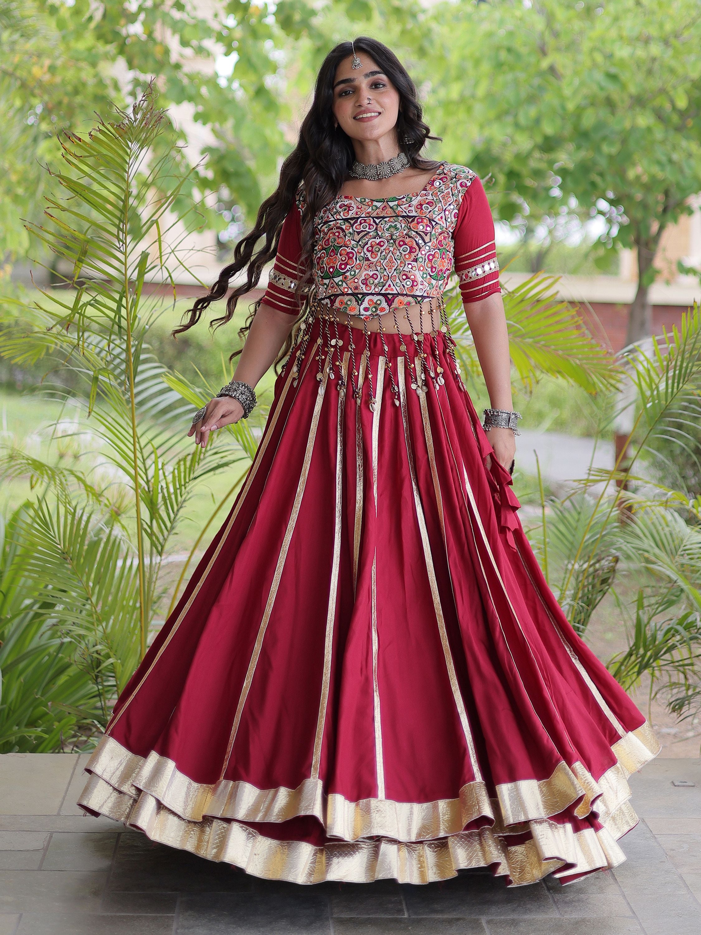 Glowing Maroon Gamthi Embroidered Rayon Navratri Wear Lehenga Choli