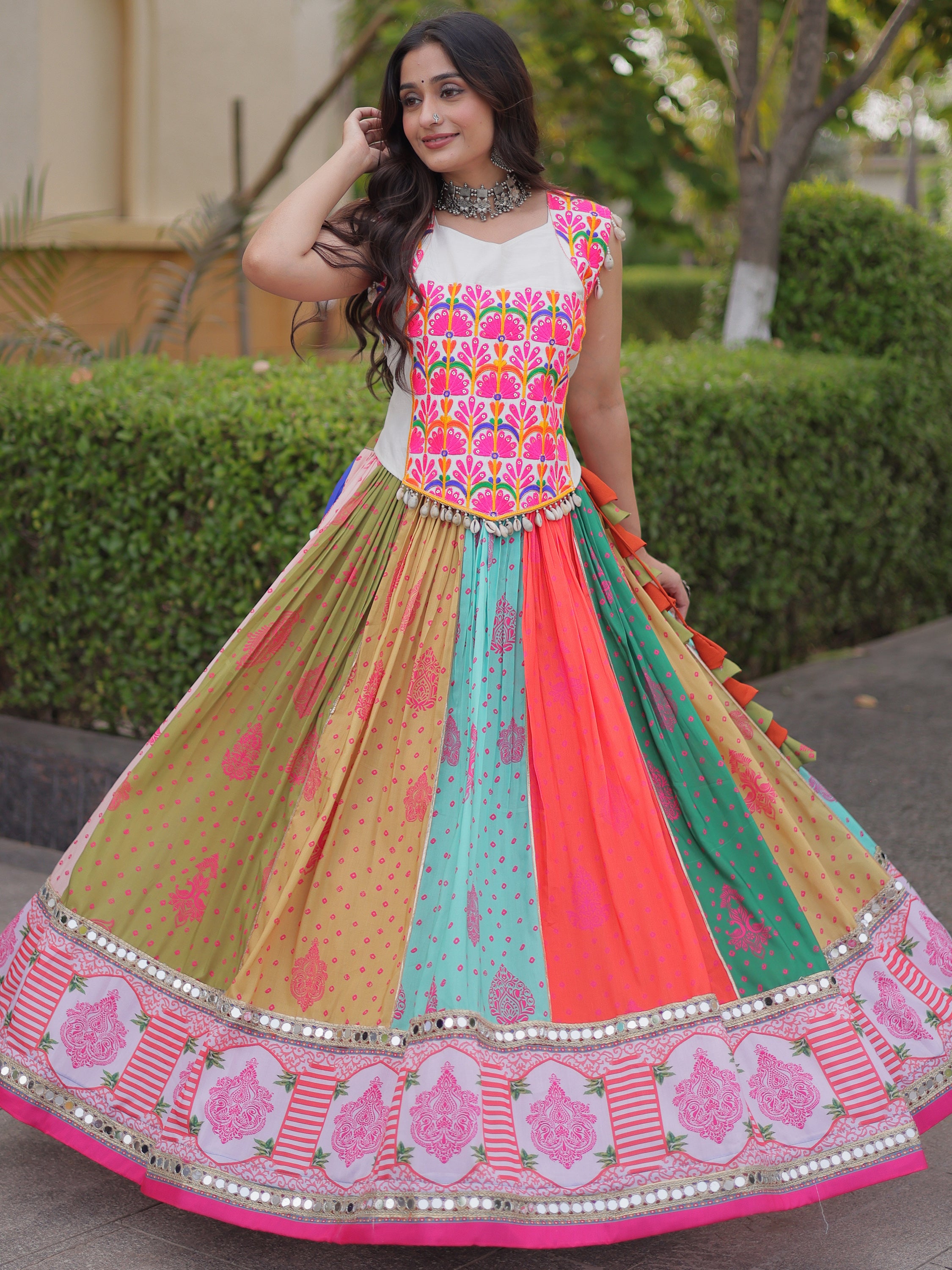 Lovely Multi-Color Cotton Navratri Wear Lehenga With Gamthi Work Choli