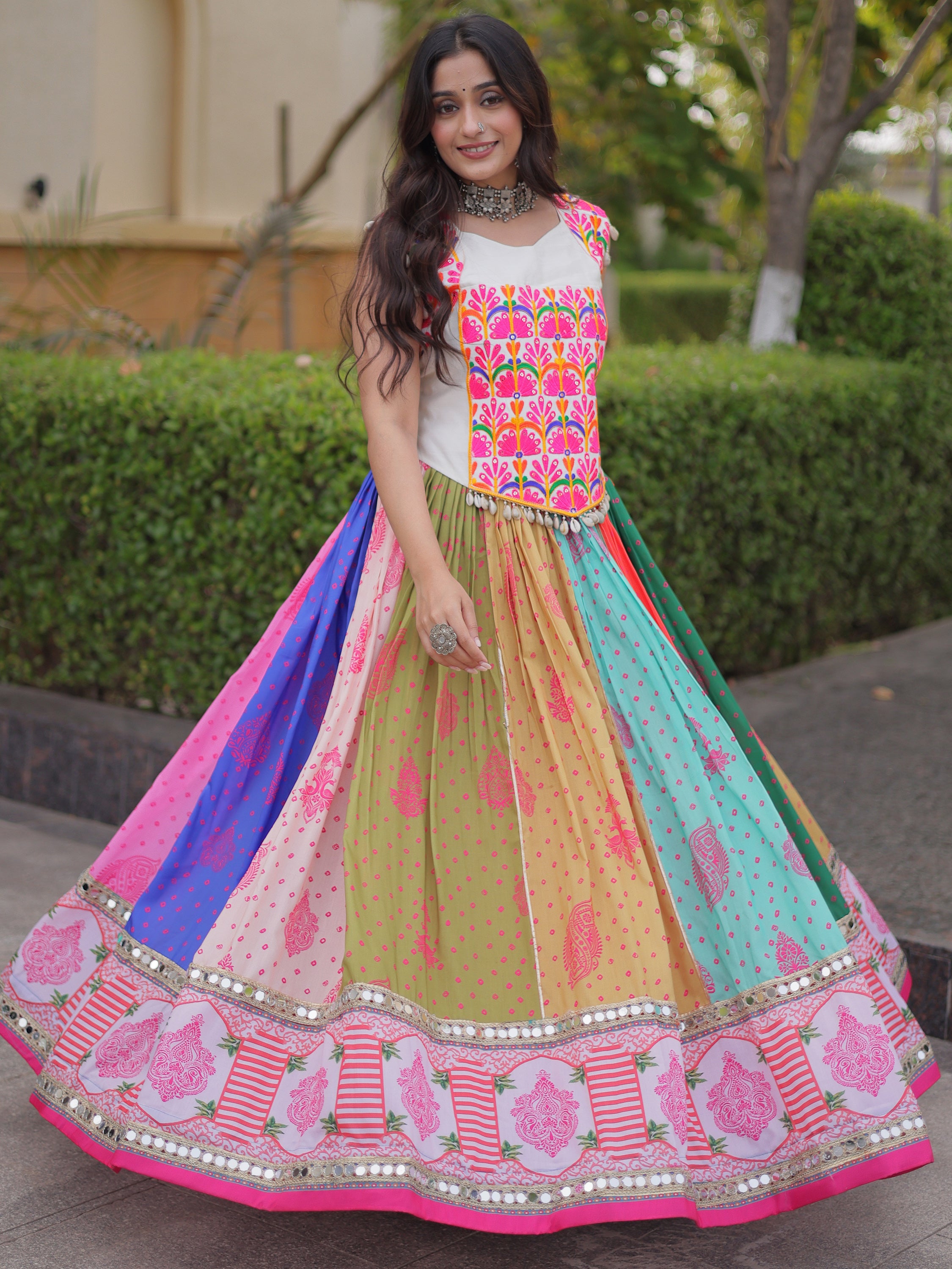 Lovely Multi-Color Cotton Navratri Wear Lehenga With Gamthi Work Choli