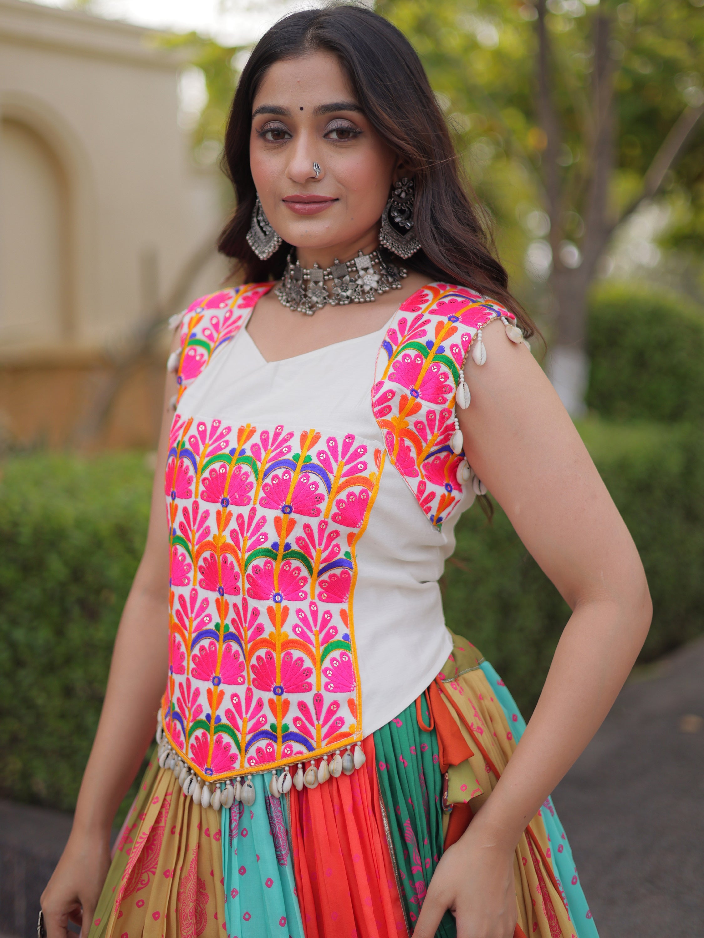 Lovely Multi-Color Cotton Navratri Wear Lehenga With Gamthi Work Choli