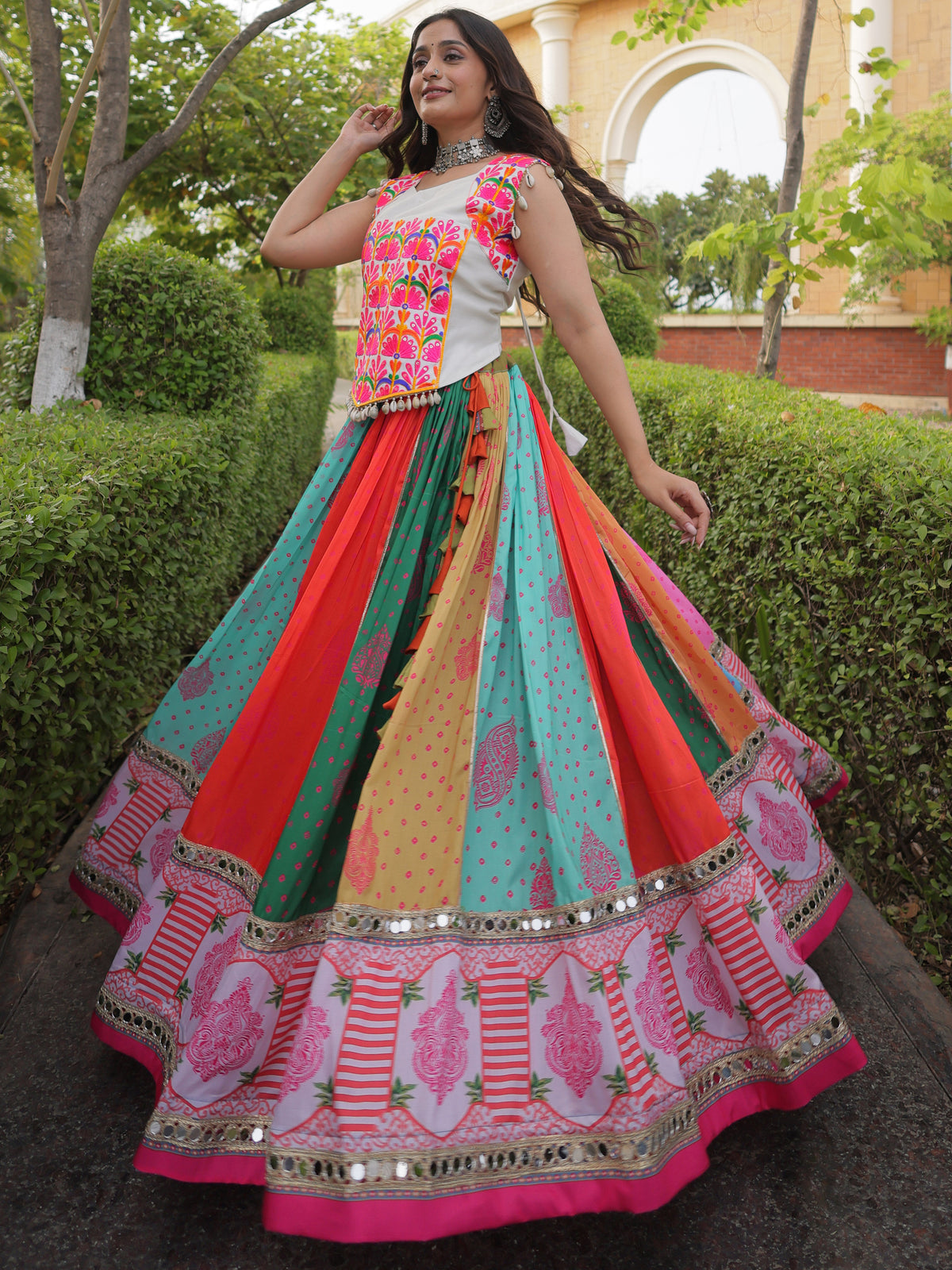 Lovely Multi-Color Cotton Navratri Wear Lehenga With Gamthi Work Choli