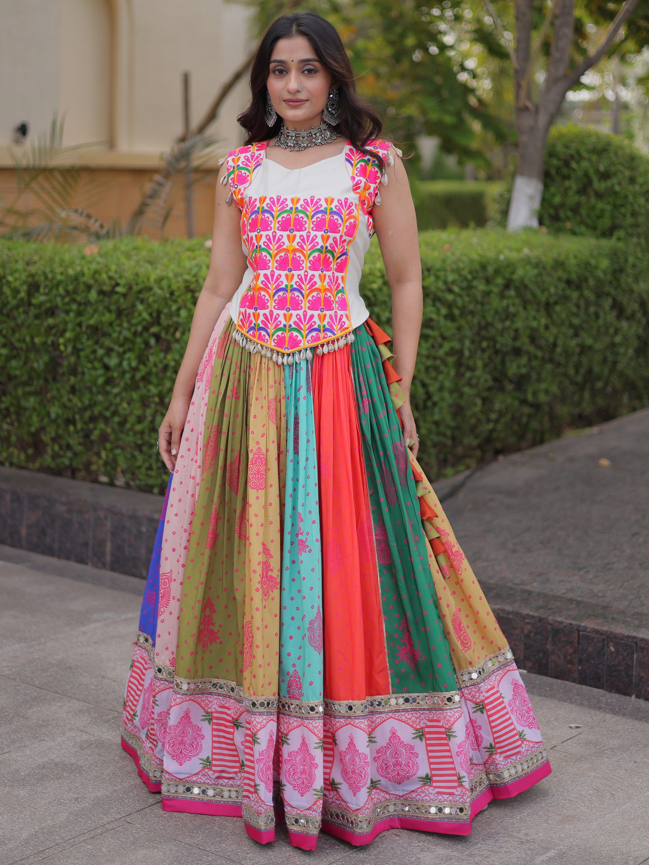 Lovely Multi-Color Cotton Navratri Wear Lehenga With Gamthi Work Choli
