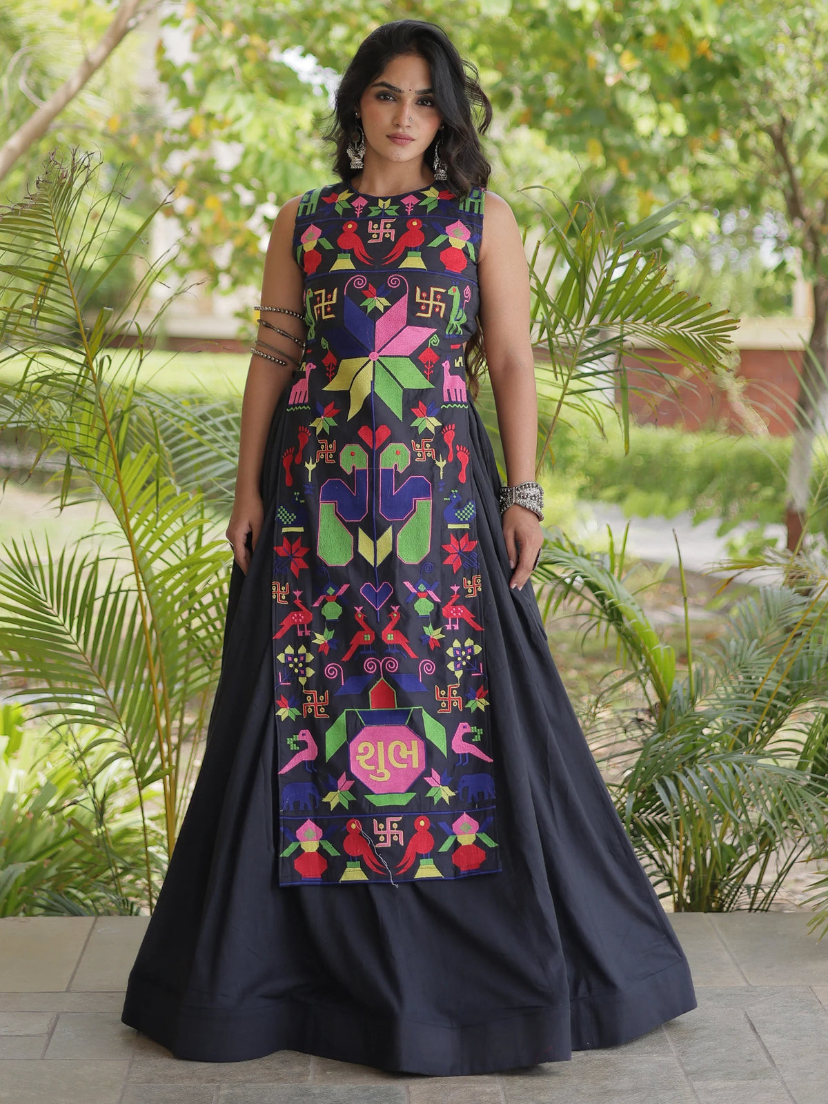 Fabulous Black Cotton Navratri Wear Lehenga With Thread Work Blouse
