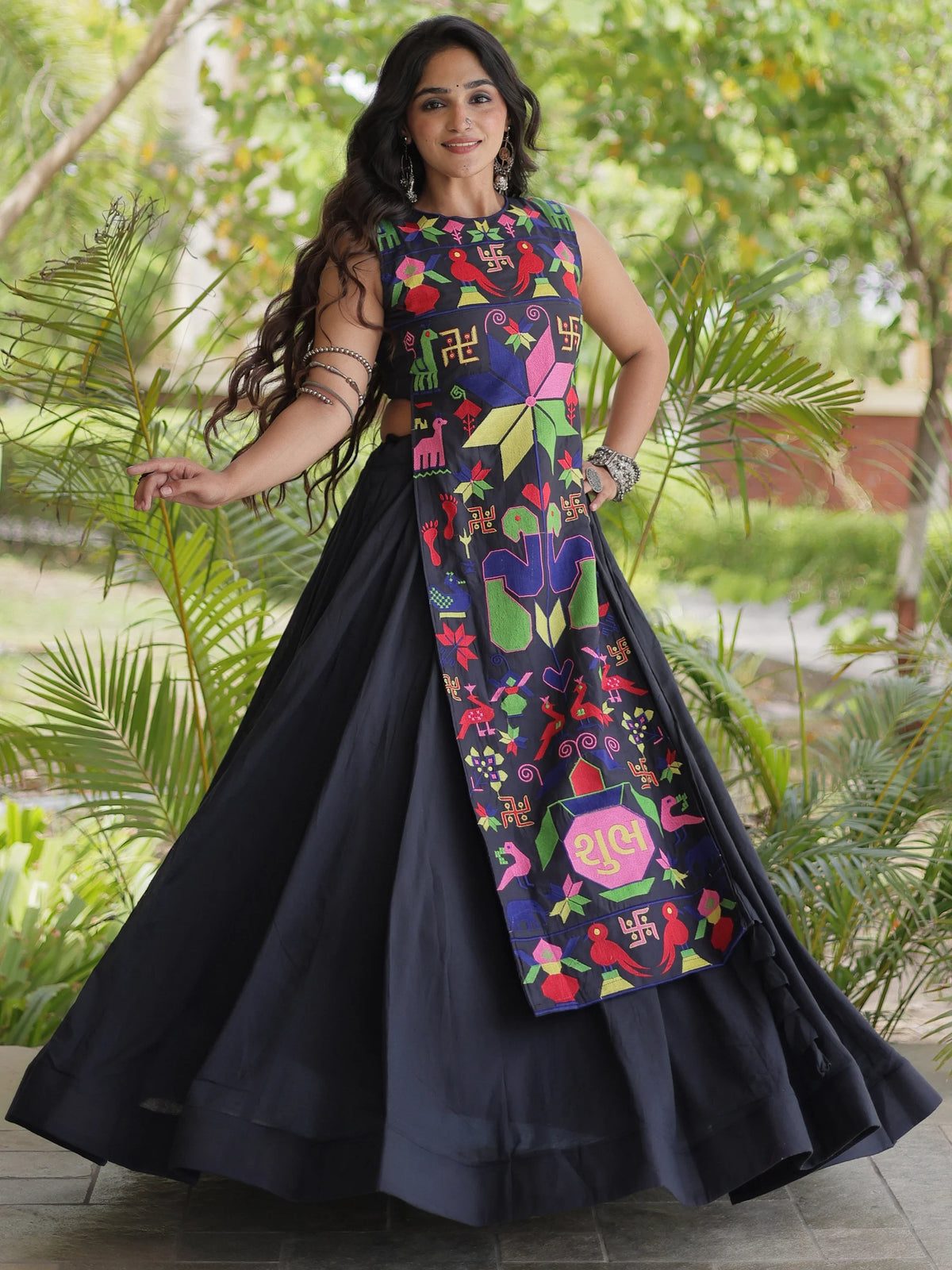 Fabulous Black Cotton Navratri Wear Lehenga With Thread Work Blouse