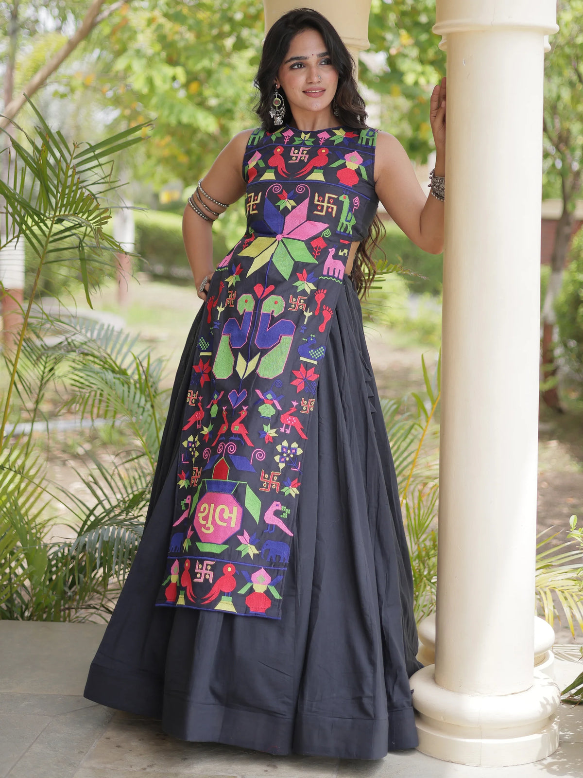 Fabulous Black Cotton Navratri Wear Lehenga With Thread Work Blouse