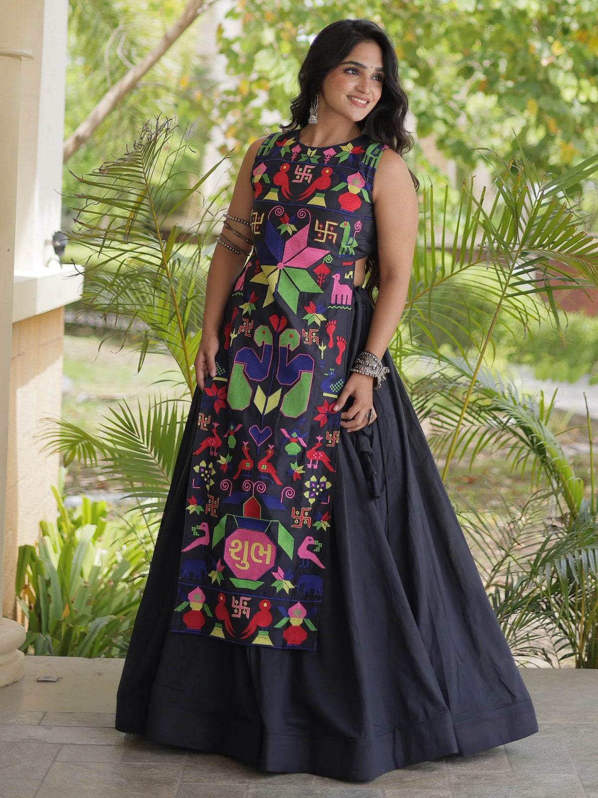 Fabulous Black Cotton Navratri Wear Lehenga With Thread Work Blouse