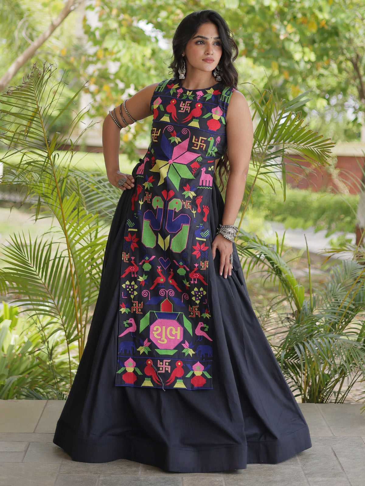 Fabulous Black Cotton Navratri Wear Lehenga With Thread Work Blouse