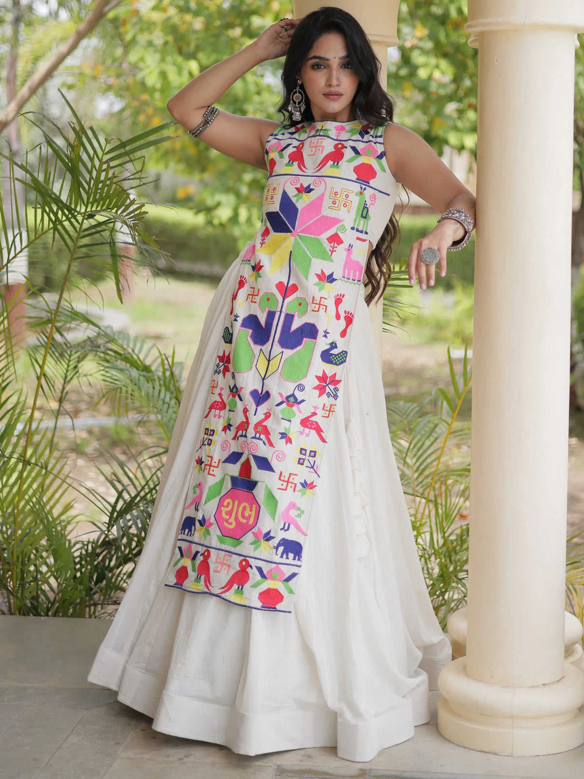 Magnetic White Cotton Navratri Wear Lehenga With Embroidered Blouse