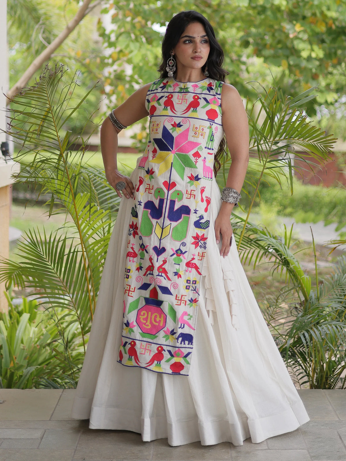 Magnetic White Cotton Navratri Wear Lehenga With Embroidered Blouse