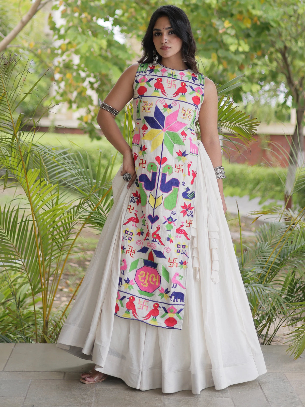 Magnetic White Cotton Navratri Wear Lehenga With Embroidered Blouse
