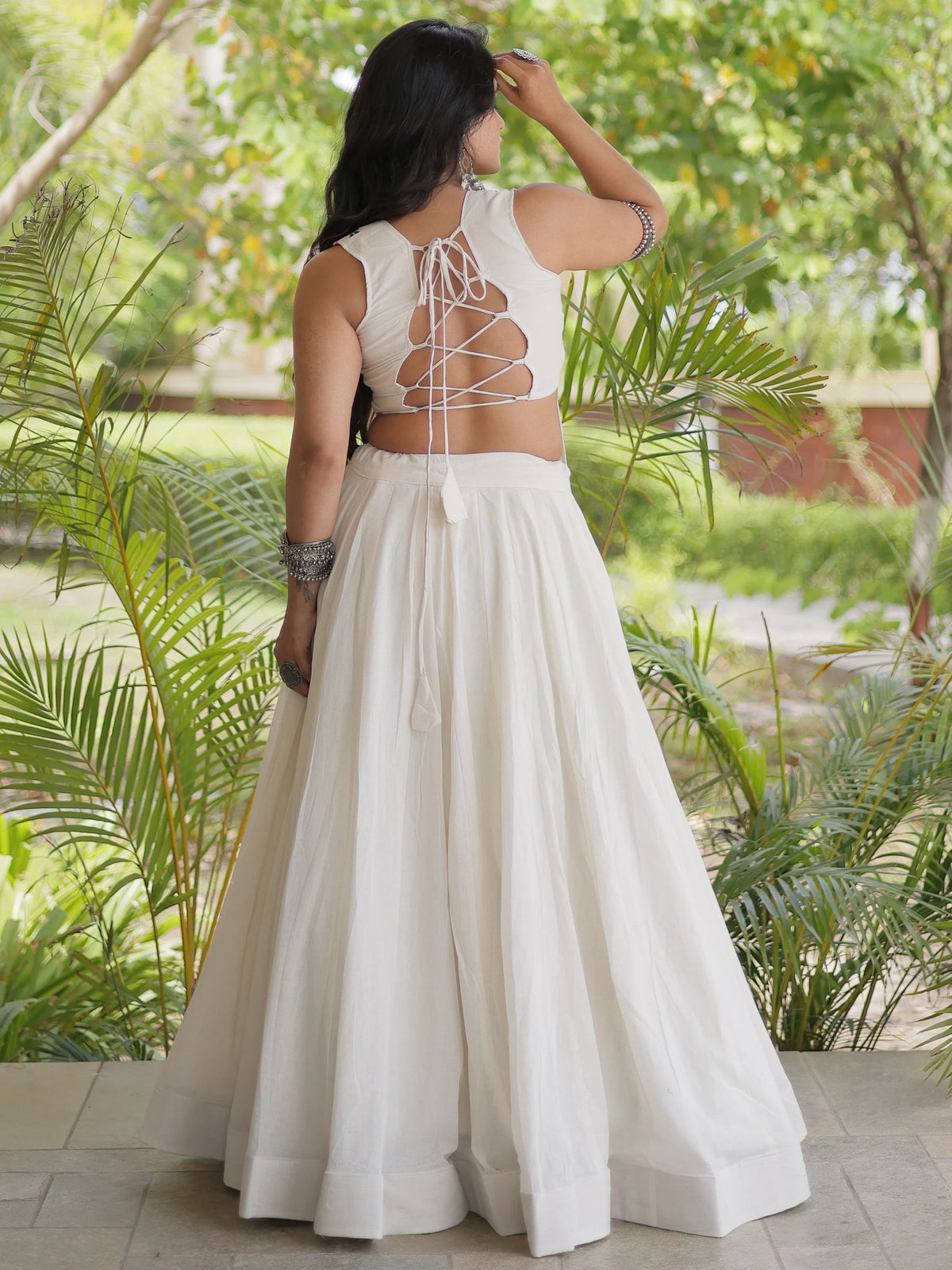 Magnetic White Cotton Navratri Wear Lehenga With Embroidered Blouse