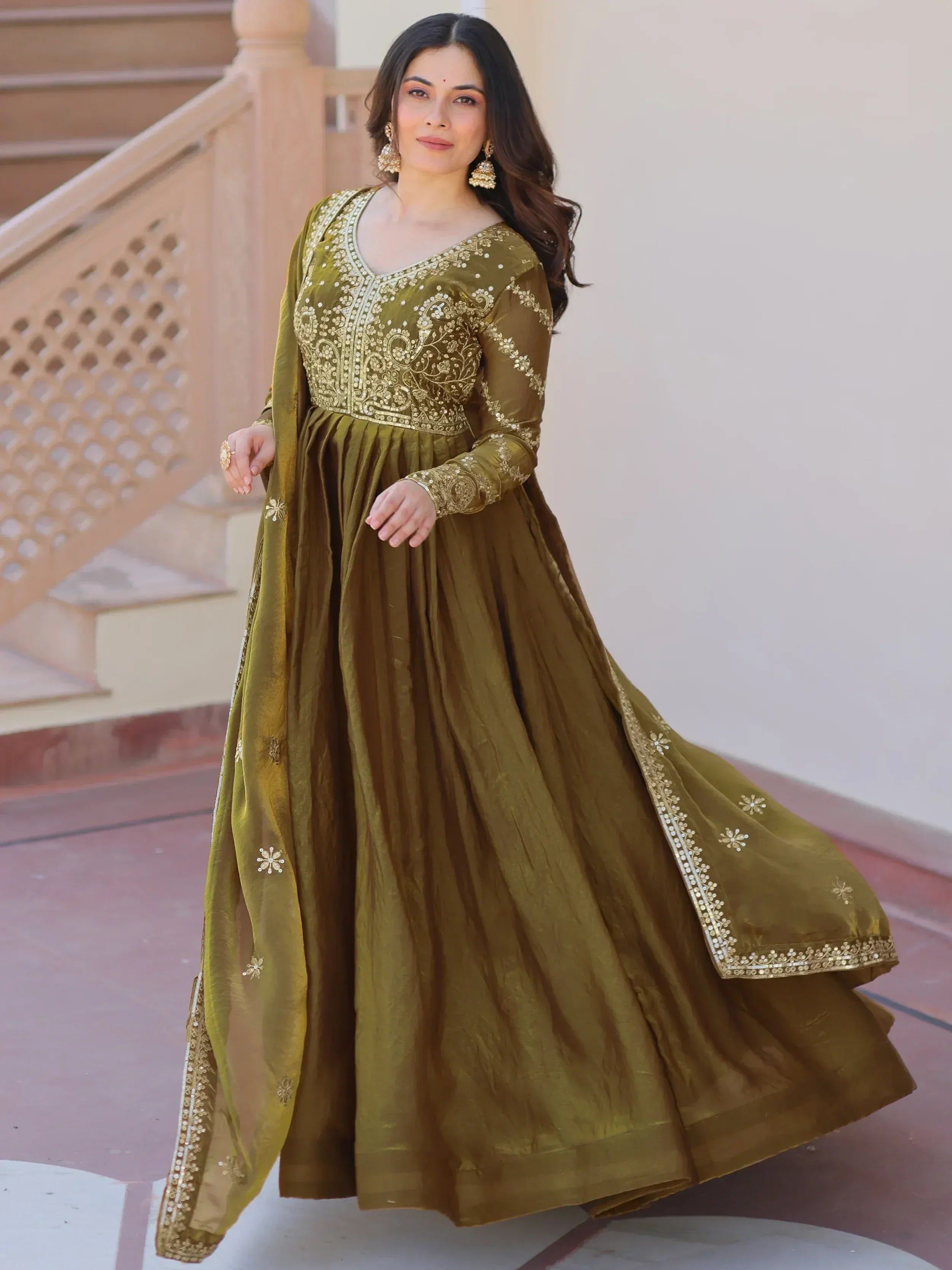 Olive green embroidered anarkali suit with gold detailing, perfect for Indian ethnic wear occasions