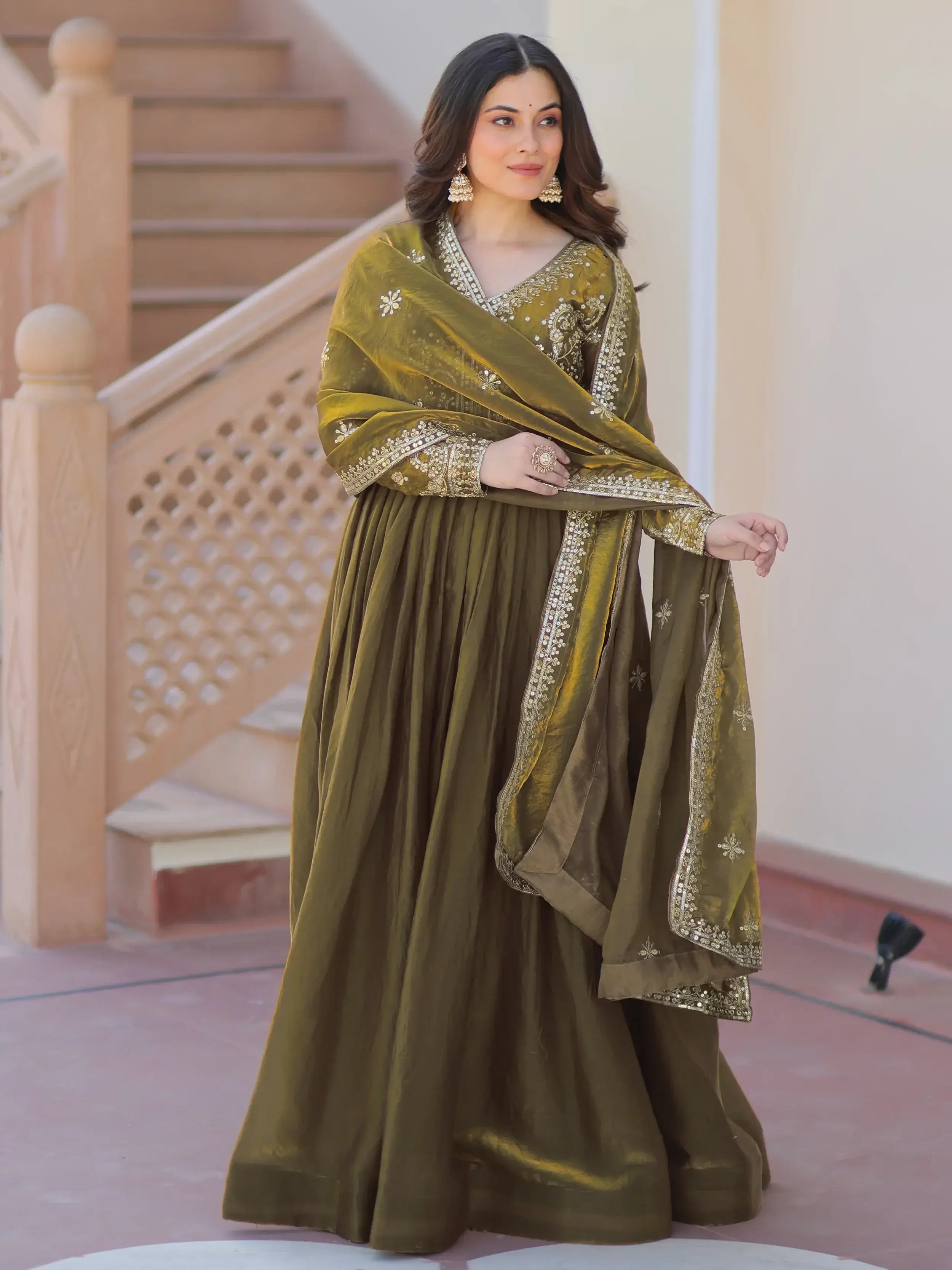Memorable Mehendi Green Sequins Embroidery Organza Festive Wear Gown
