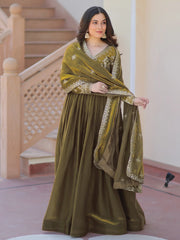 Memorable Mehendi Green Sequins Embroidery Organza Festive Wear Gown