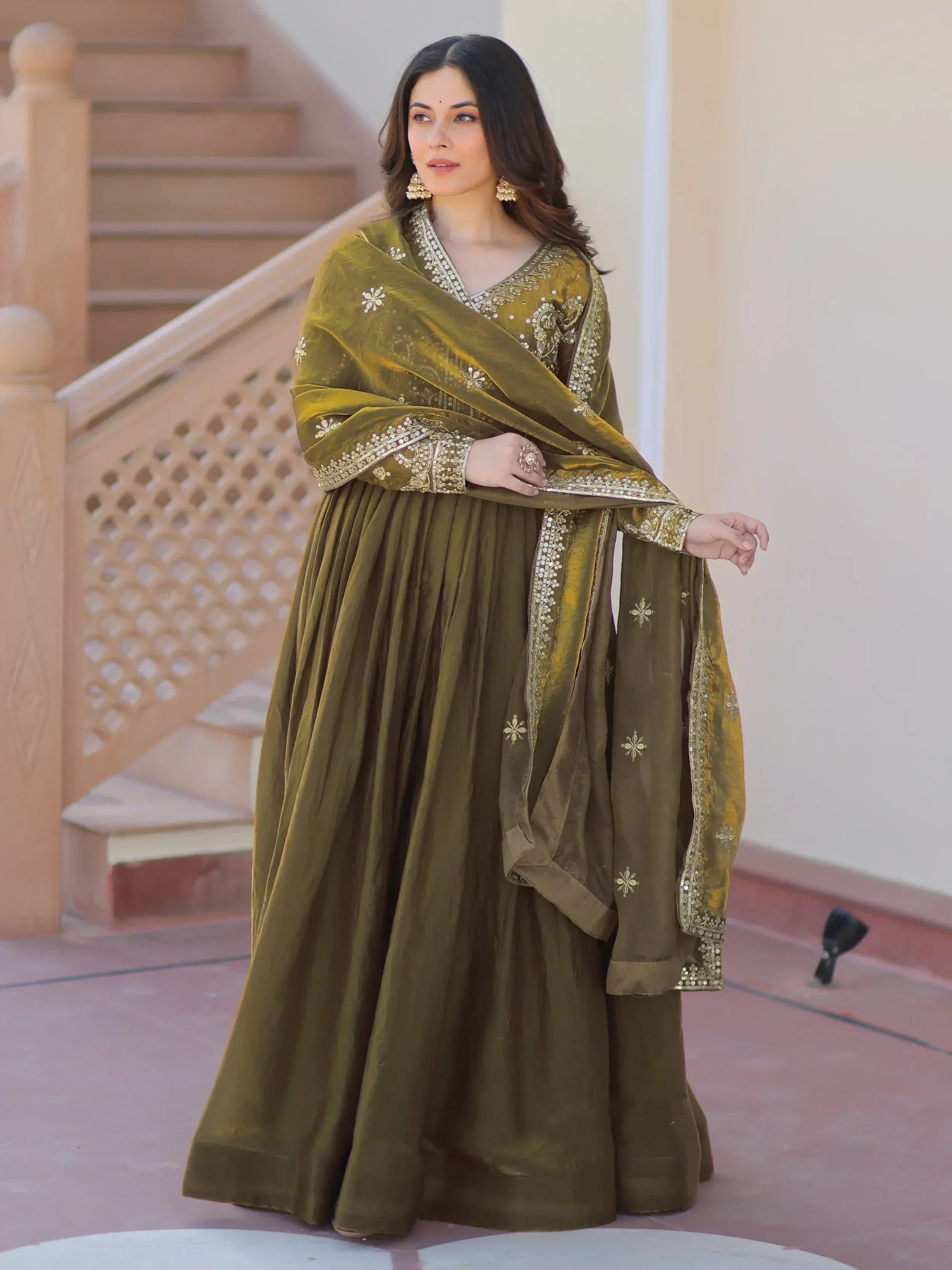 Olive green embroidered Indian salwar kameez with velvet dupatta, perfect for ethnic occasions.