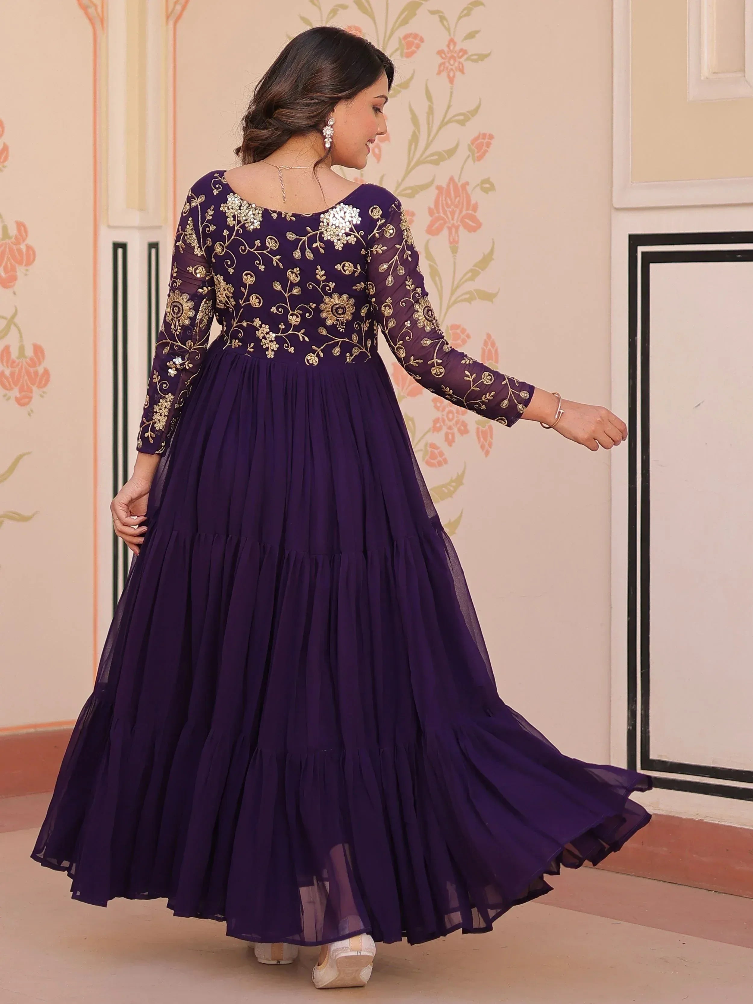 Purple ethnic gown with gold embroidery and flared skirt for women