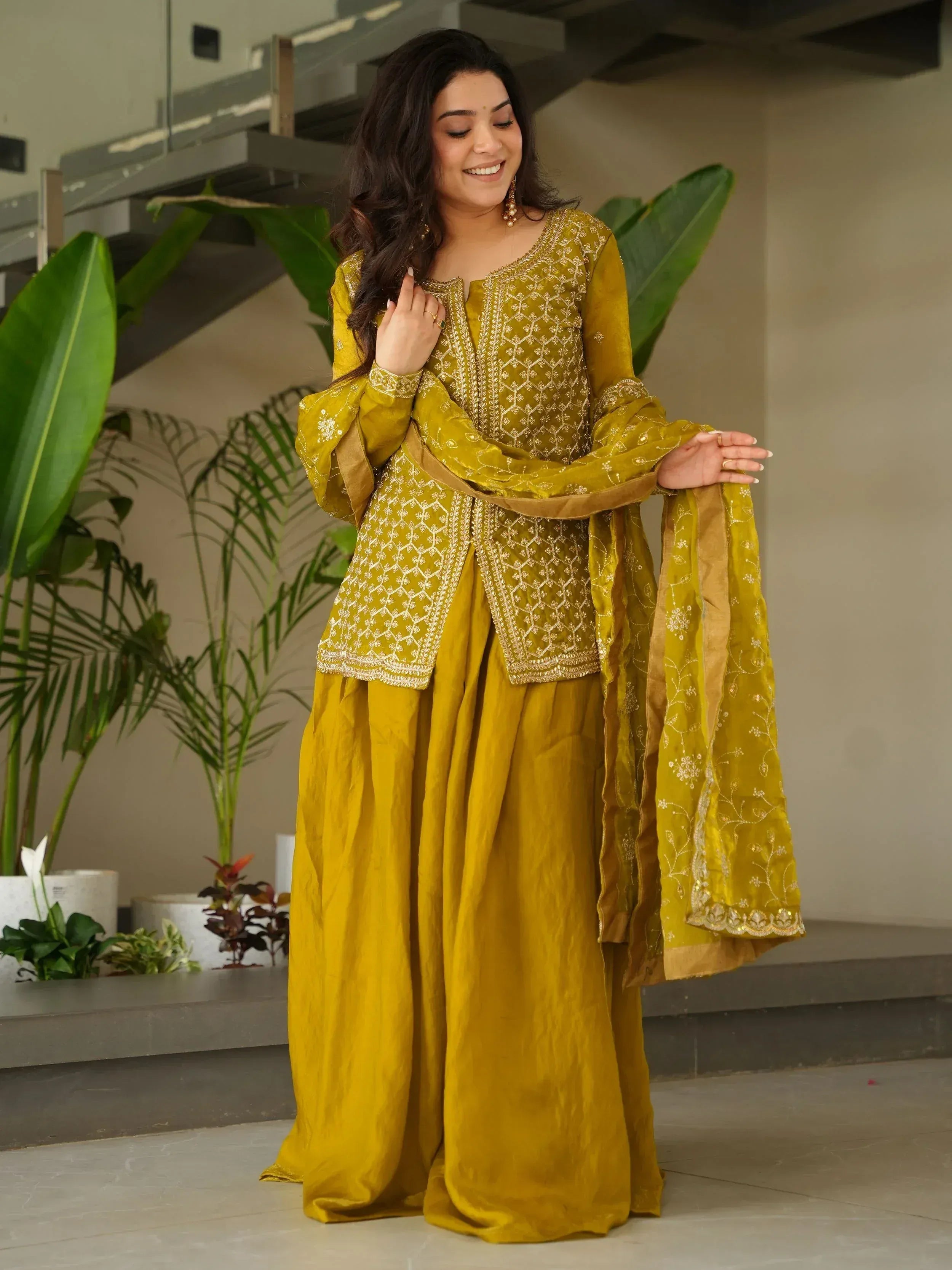 Mustard yellow embroidered salwar kameez with dupatta, Indian ethnic wear for women