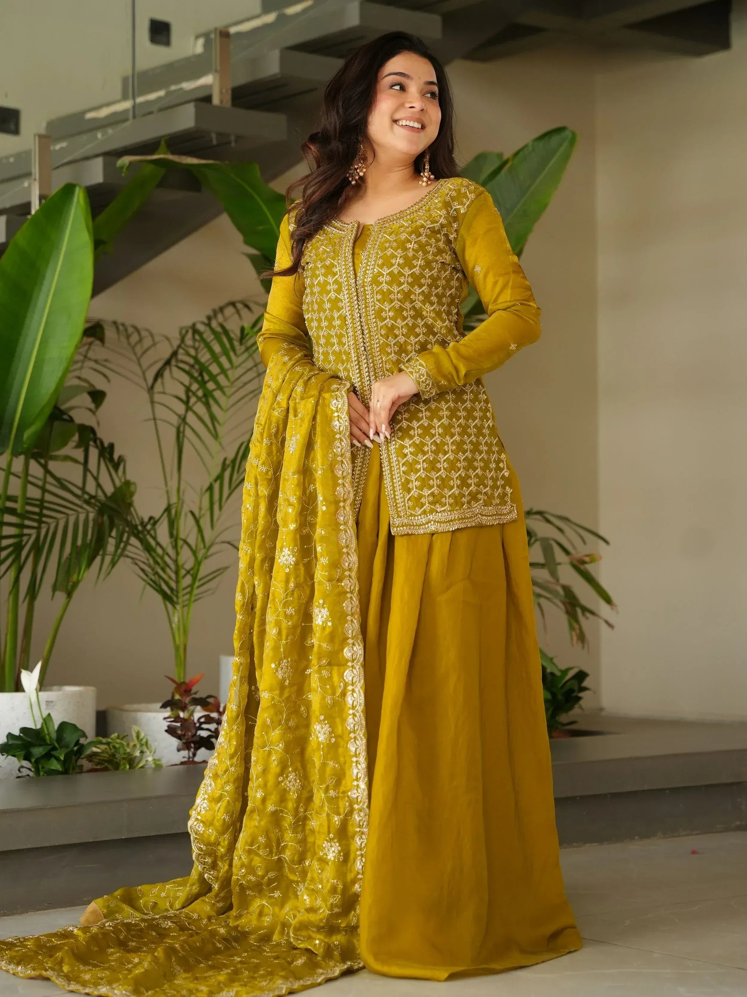 Mustard yellow embroidered ethnic suit with palazzo pants and dupatta, perfect for Indian occasions
