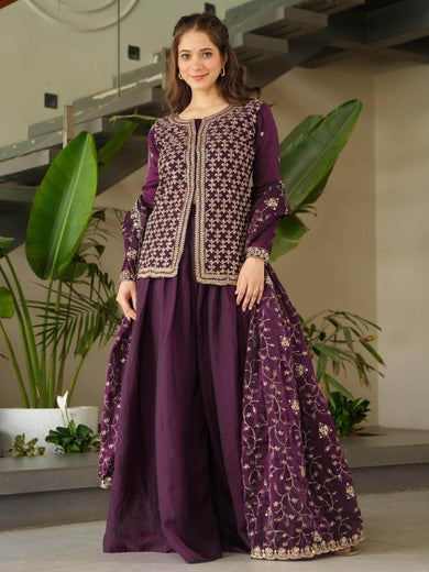 Gorgeous Wine Beads Embroidered Reception Wear Sharara Suit