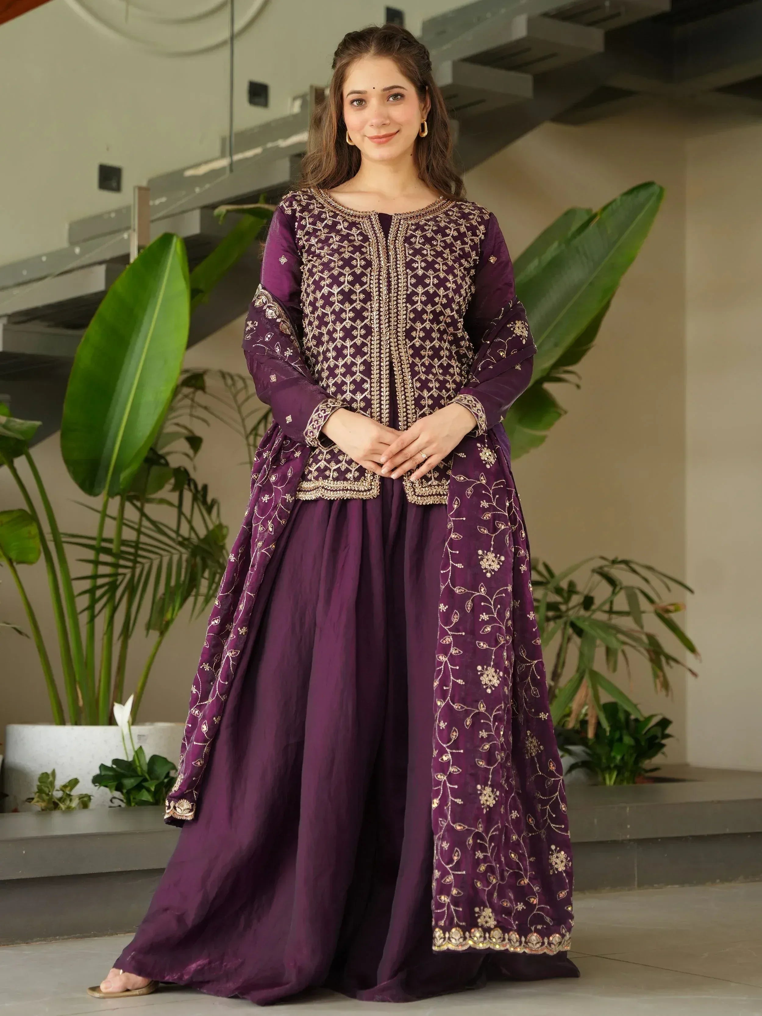 Purple embroidered anarkali suit with gold detailing, perfect for Indian ethnic occasions