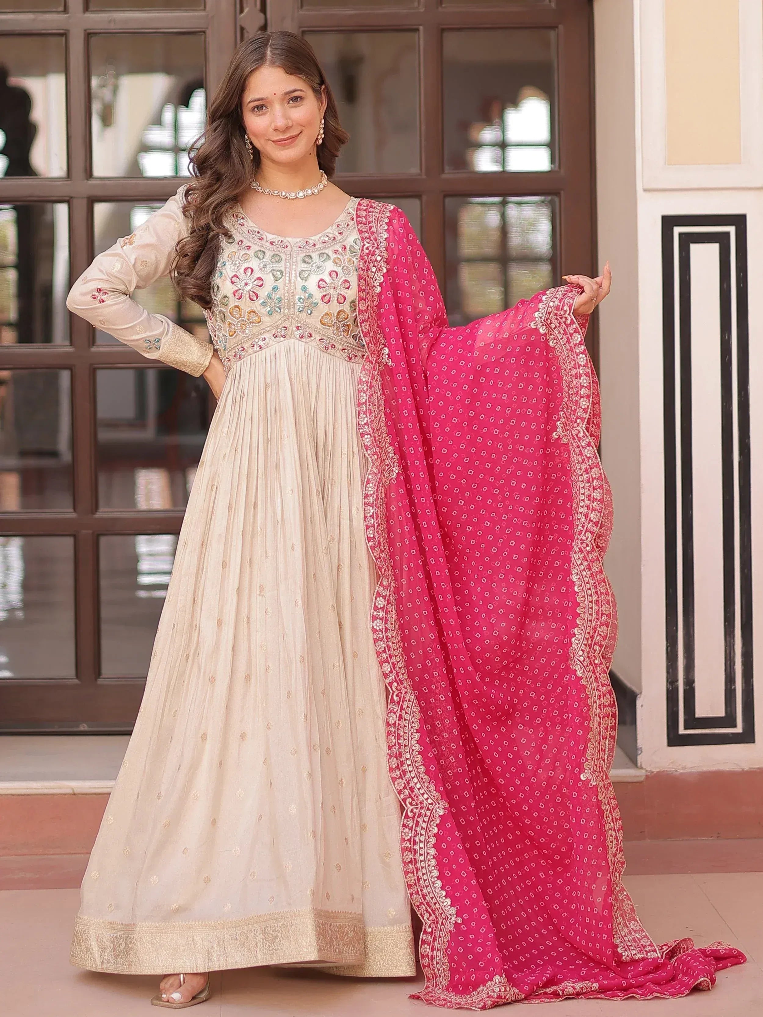 Cream embroidered anarkali with pink dupatta, Indian ethnic wear for women