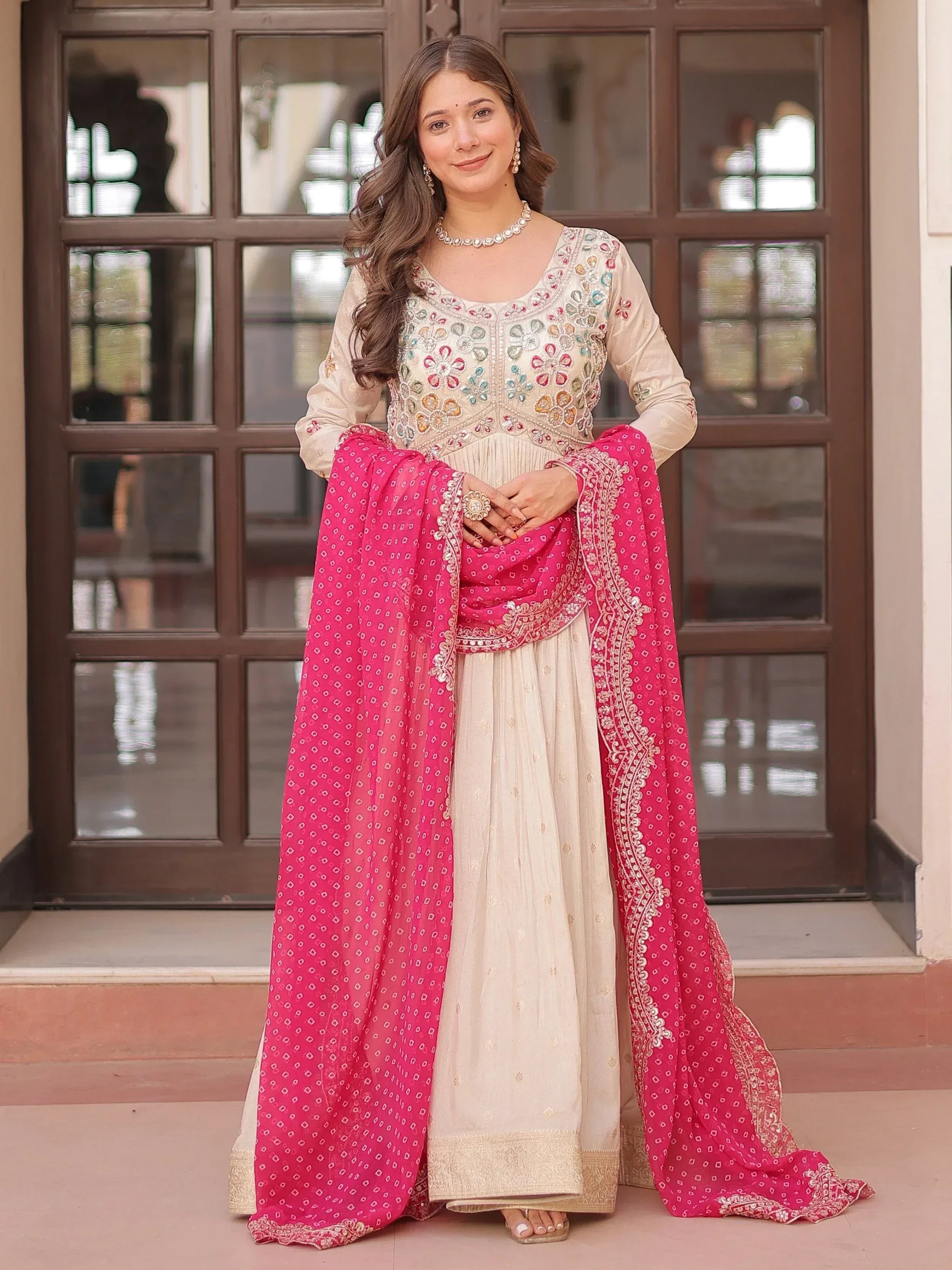 Cream embroidered salwar kameez with pink dupatta, Indian ethnic wear for women