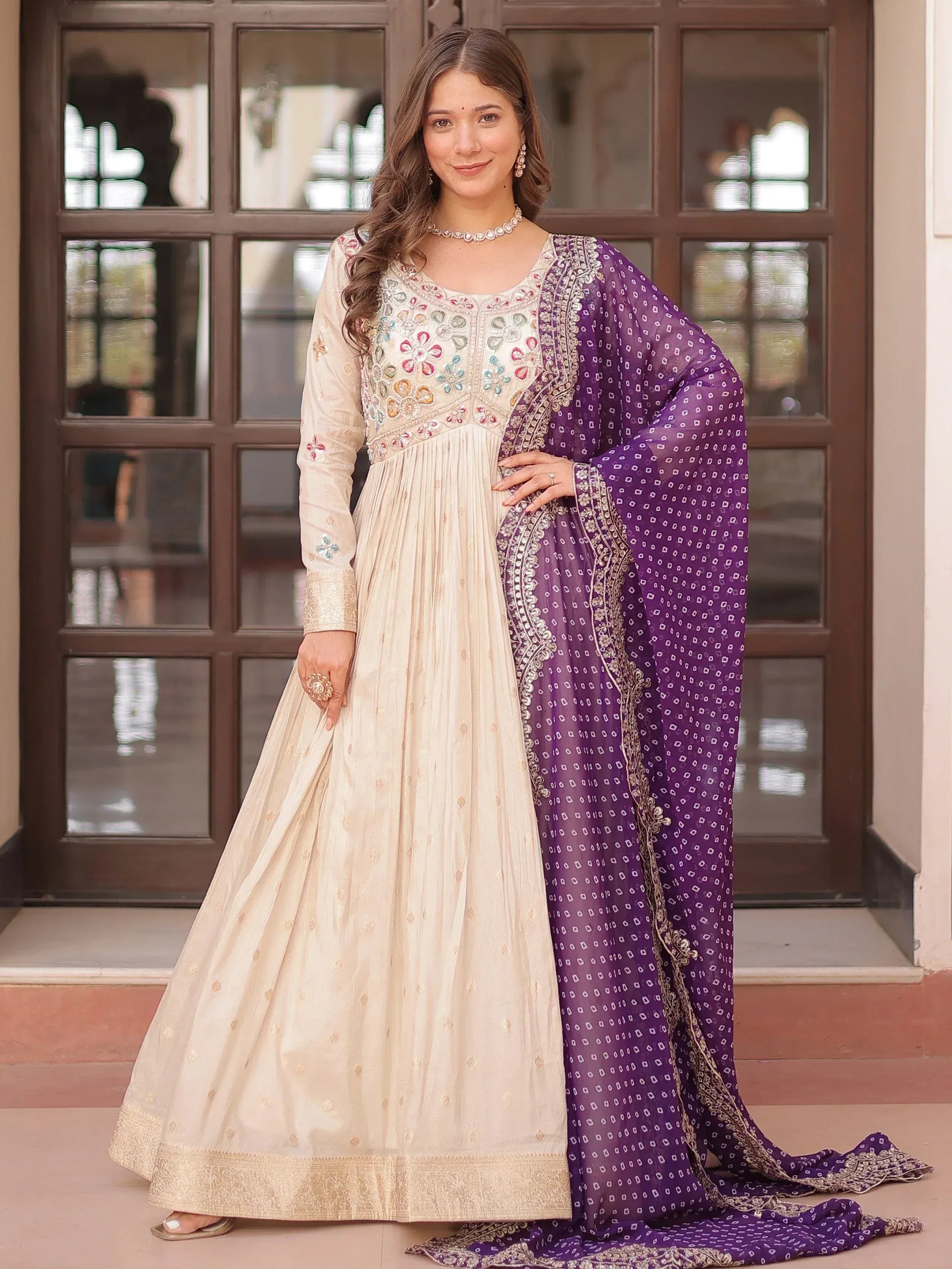 Cream embroidered anarkali with purple dupatta, Indian ethnic wear for women
