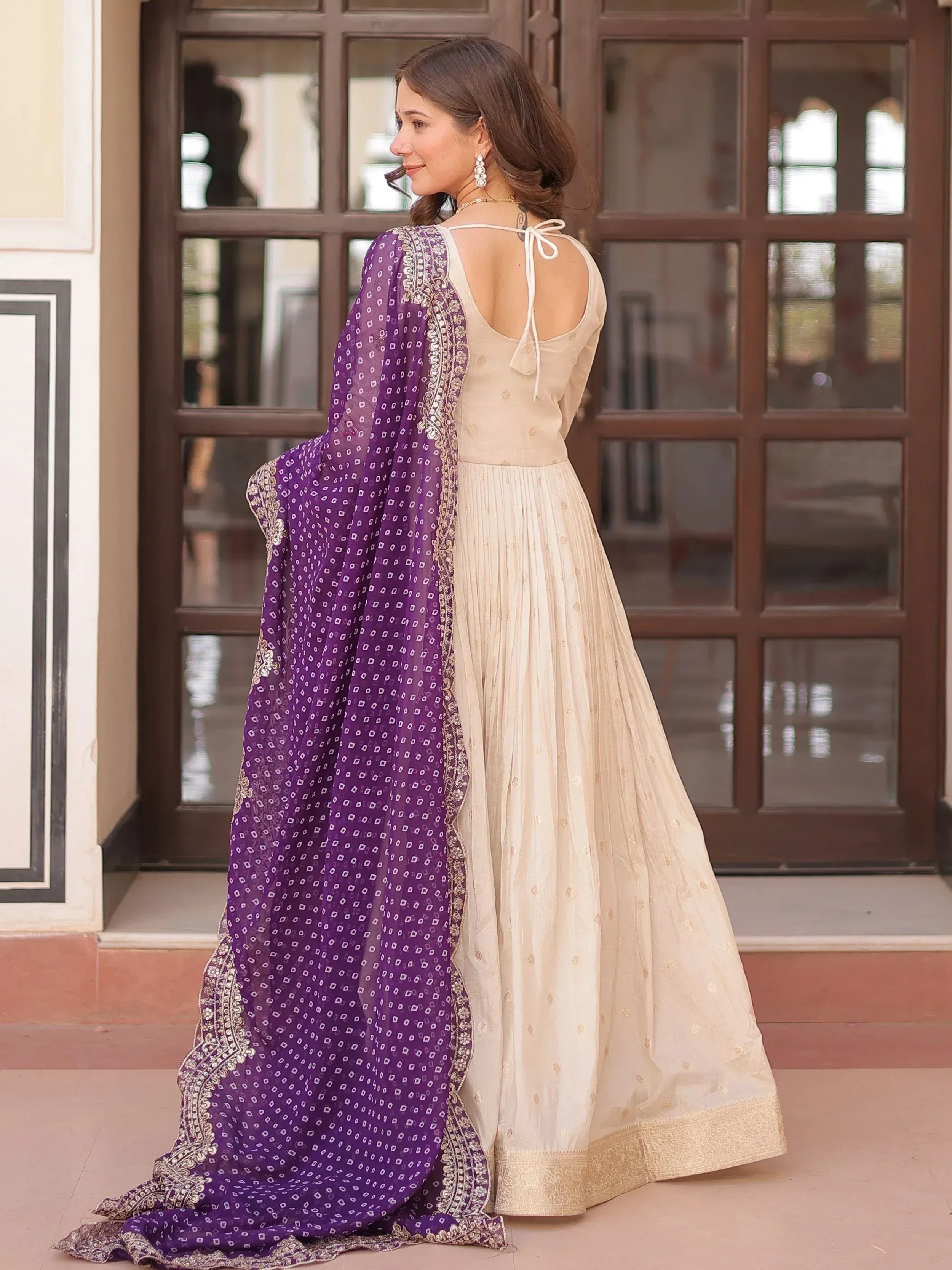 Cream anarkali with purple dupatta, ethnic Indian wear for women