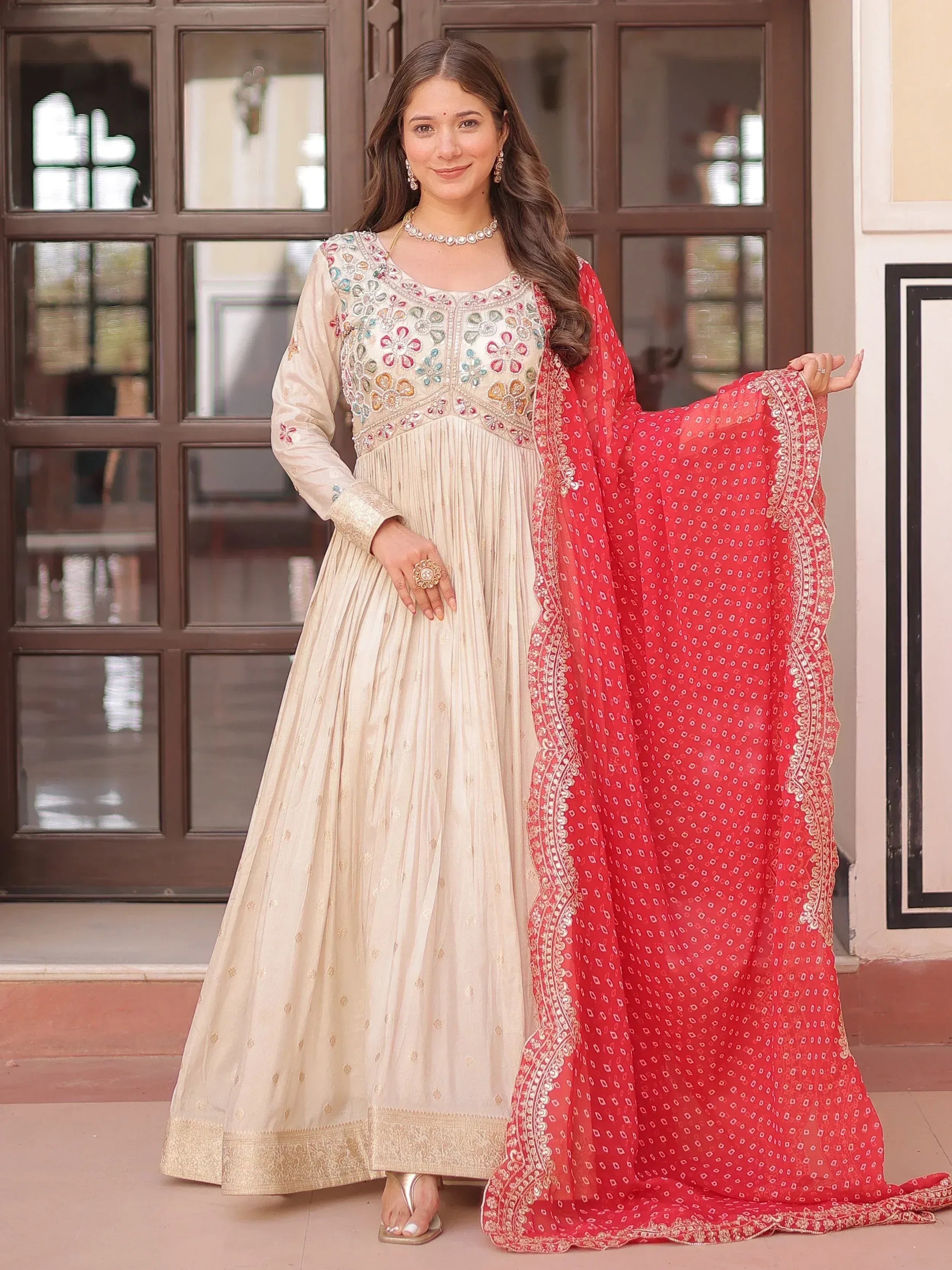 Cream embroidered anarkali with red dupatta, Indian ethnic wear for women