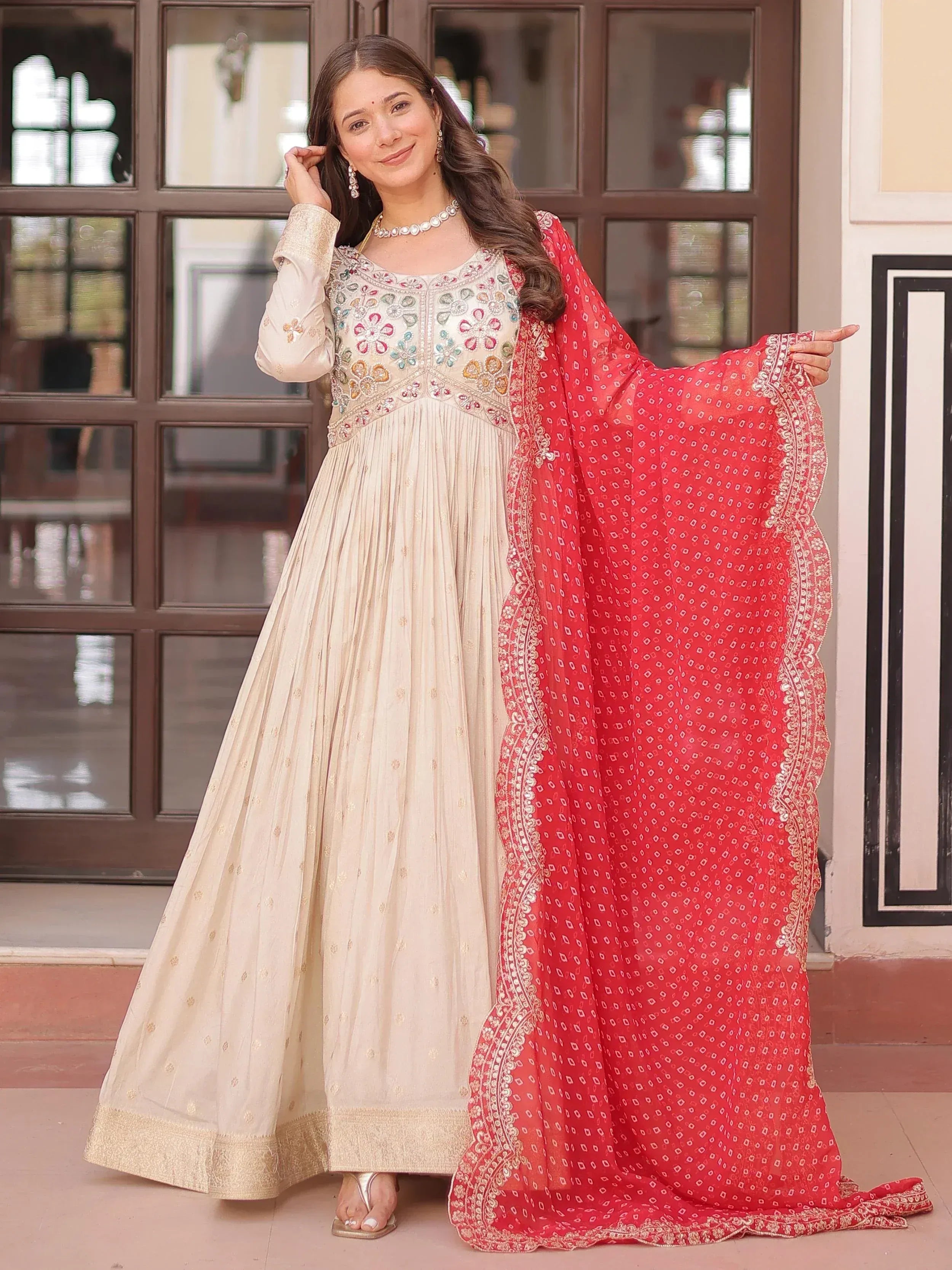 Cream embroidered anarkali with red dupatta, Indian ethnic wear for women