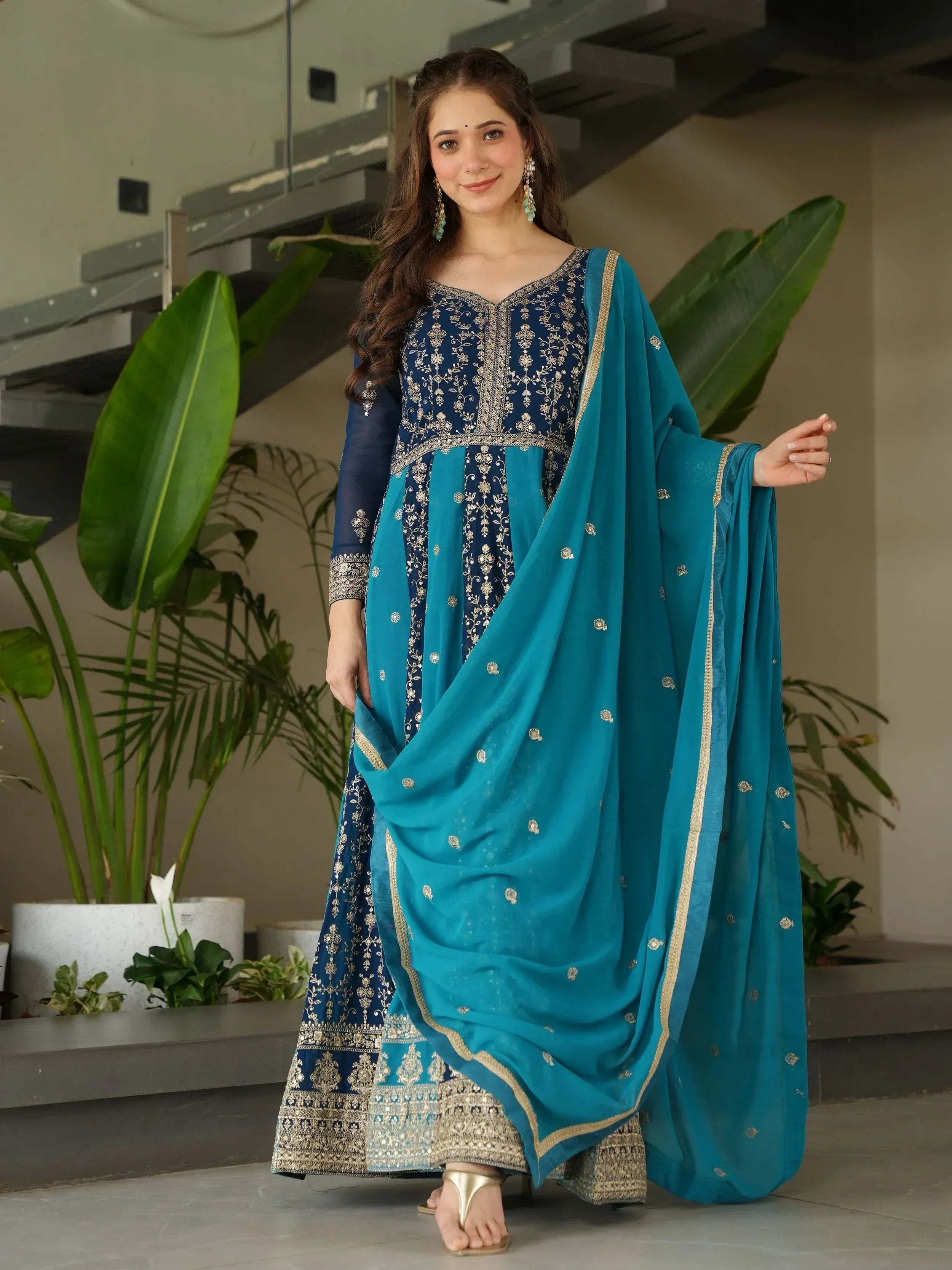 Blue embroidered salwar kameez with teal dupatta, Indian ethnic wear for women