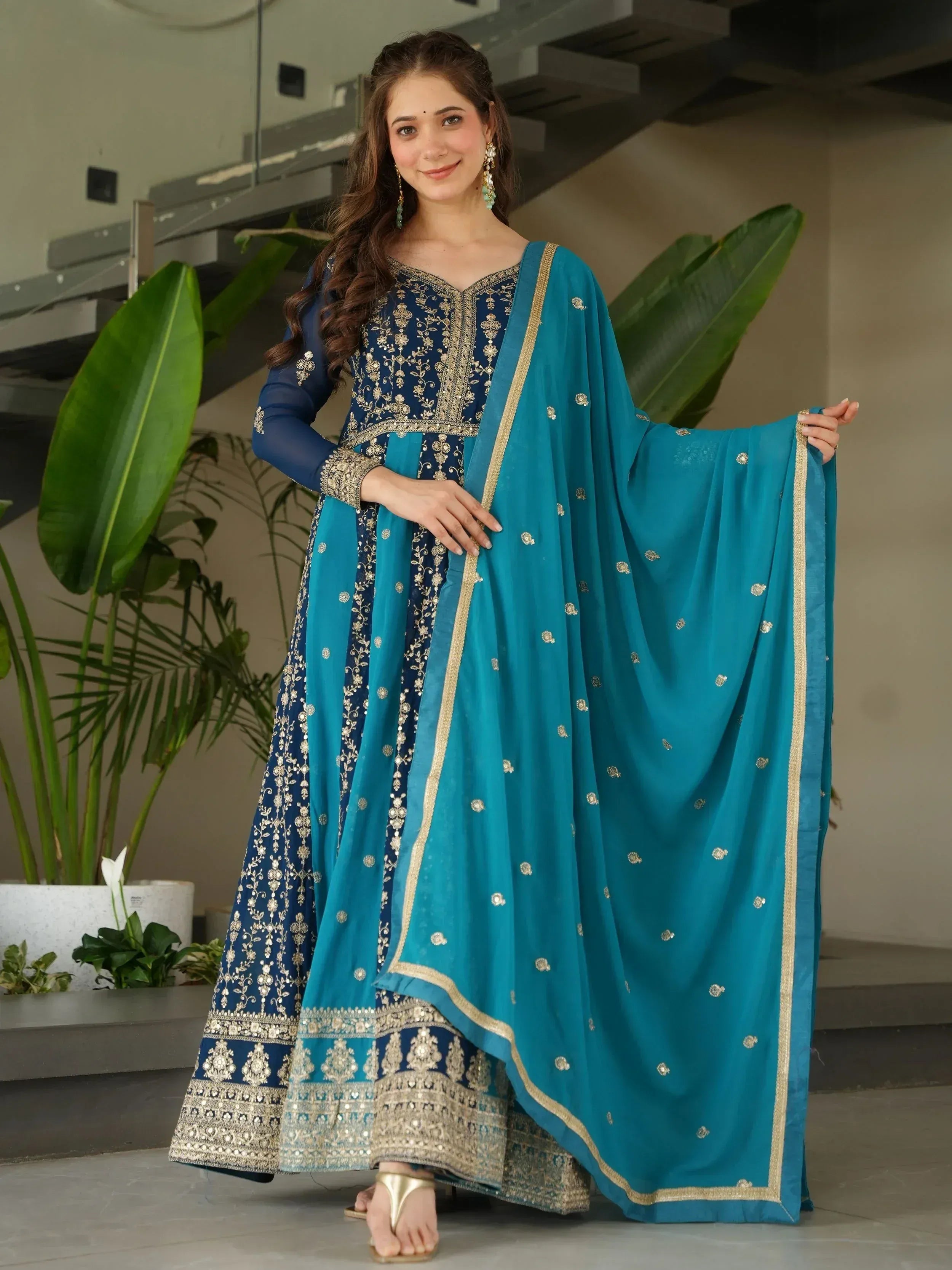 Blue and teal embroidered salwar kameez with gold detailing, perfect for Indian ethnic wear occasions