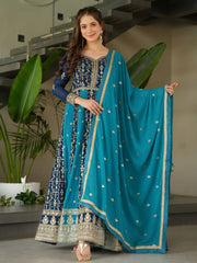 Gorgeous Rama Blue Georgette Zari Embroidered Gown With Dupatta