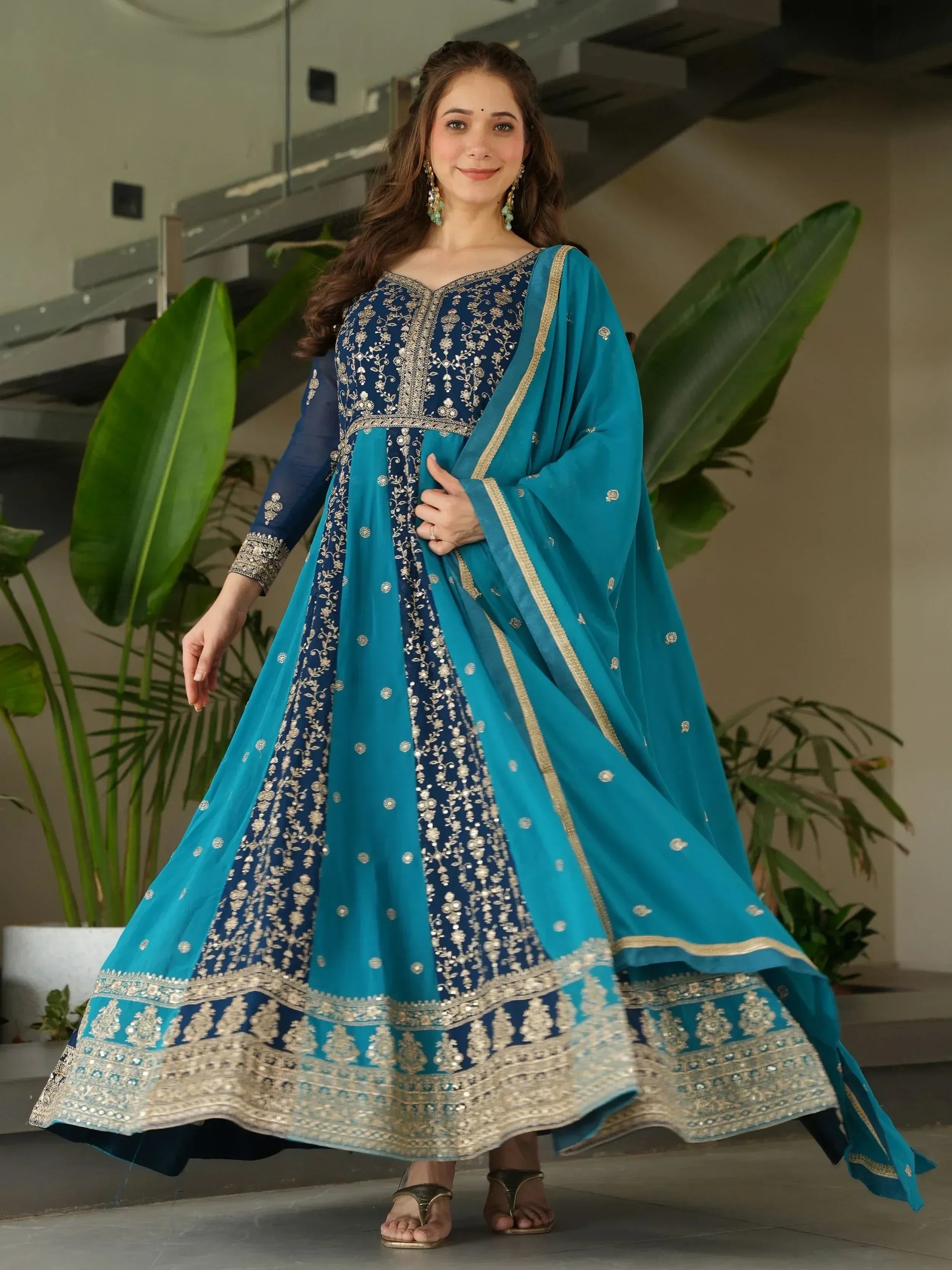 Blue and teal embroidered anarkali suit with gold detailing, perfect for Indian ethnic occasions