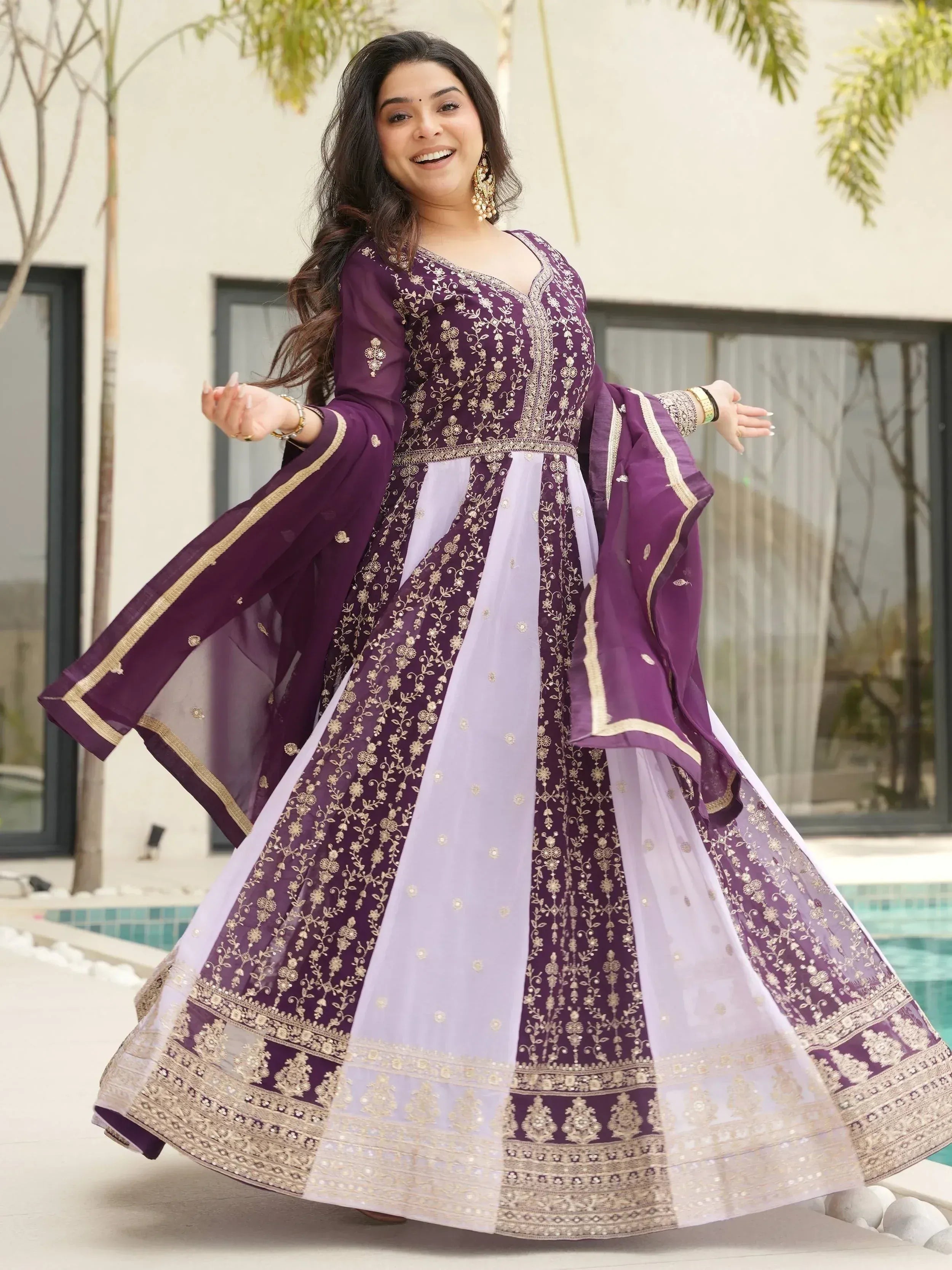 Glamorous Wine Embroidered Function Wear Gown With Dupatta