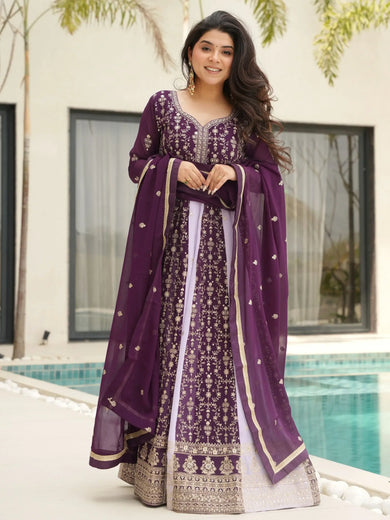Glamorous Wine Embroidered Function Wear Gown With Dupatta