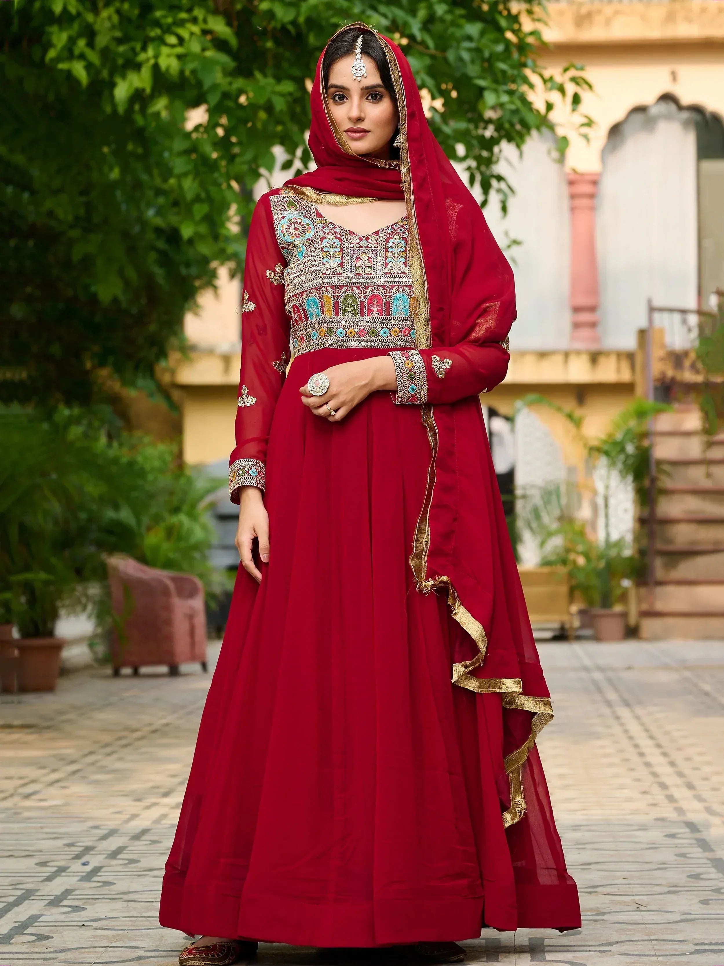 Red embroidered anarkali suit with dupatta, Indian ethnic wear for women