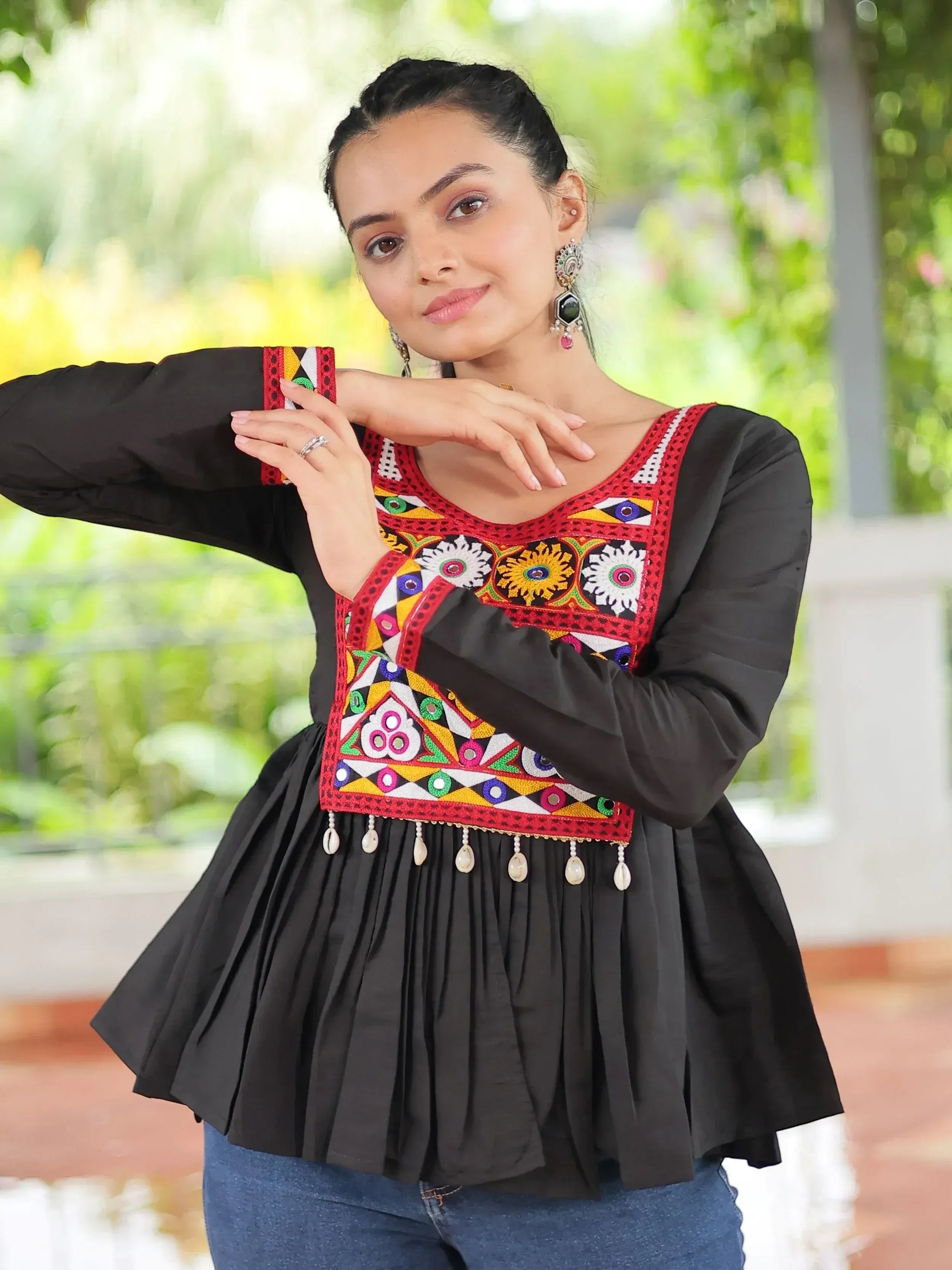 Glamorous Black Kutchi Work Traditional Kediya Style Kurti