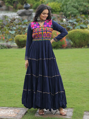 Adorning Navy Blue Rayon Gamthi Work Navratri Wear Layered Gown