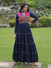 Adorning Navy Blue Rayon Gamthi Work Navratri Wear Layered Gown