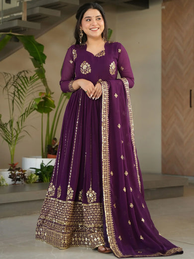 Intricate Wine Georgette Sequins Embroidered Gown With Dupatta
