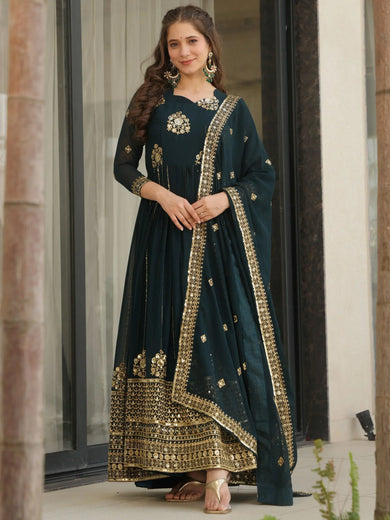 Delicate Blue Georgette Zari Embroidered Gown With Dupatta