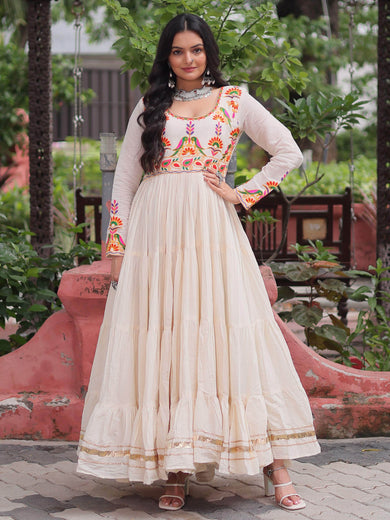 Feminine White Cotton Gota Patti Work Navratri Wear Gown